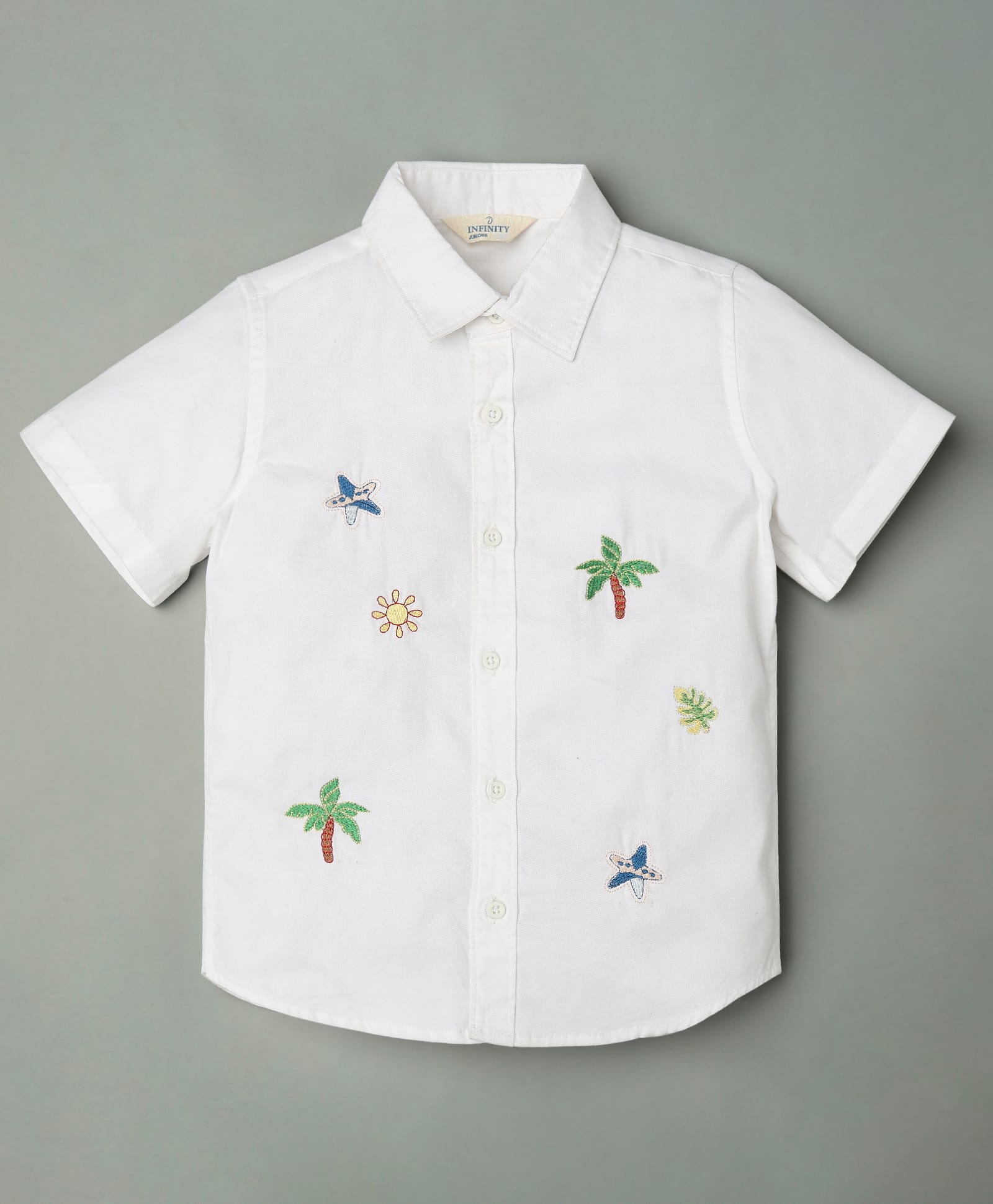 INFINITY Cotton Woven Half Sleeves Beach Theme Embroidered Shirt - White-picture-26