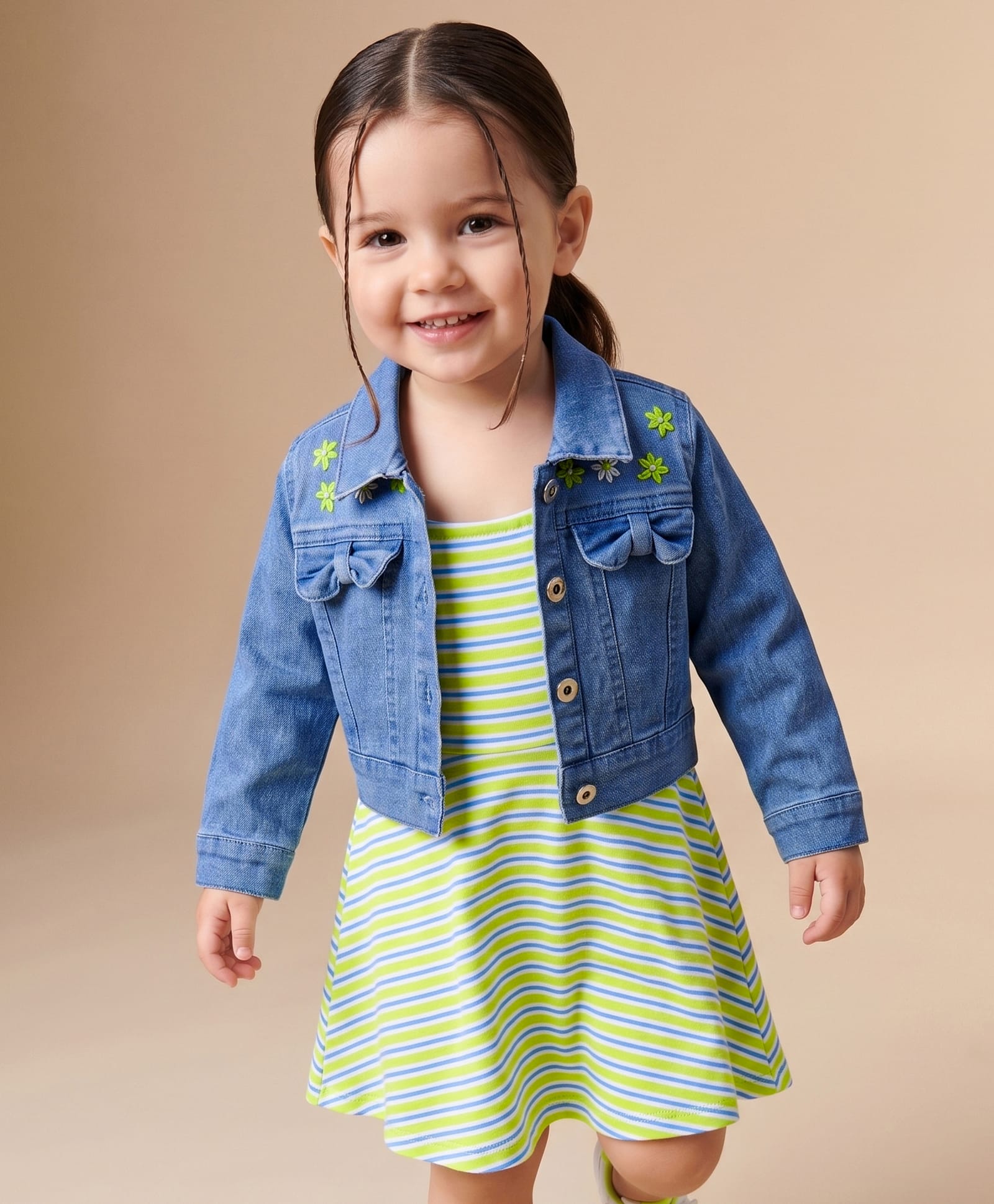 Babyhug Single Jersey Knit Full Sleeves Floral Embroidered Denim Jacket With Striped Frock - Light Green-picture-30