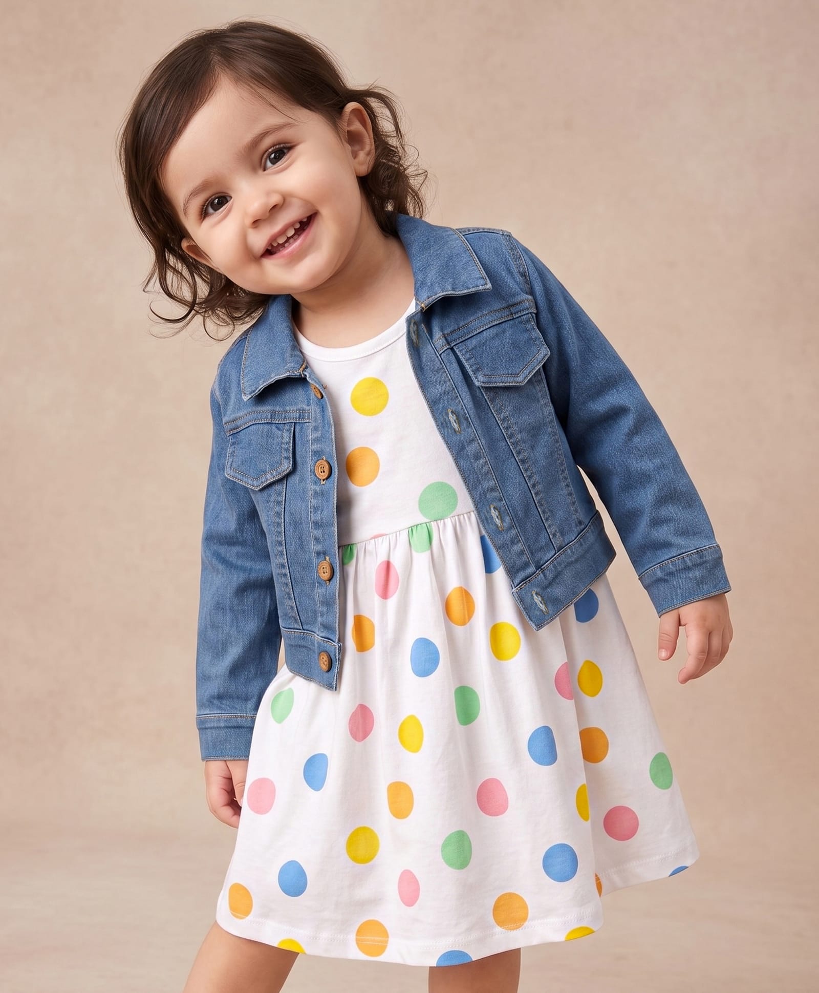 Babyhug Single Jersey Knit Frock with Full Sleeves Denim Jacket & Polka Dots Print - White-image-47