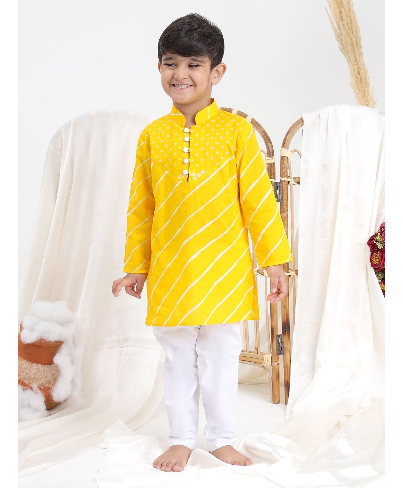 Itsyboo by Waterlemons Cotton Woven Full Sleeves Bandhani Printed Kurta & Pyjama Set - Yellow-image-35