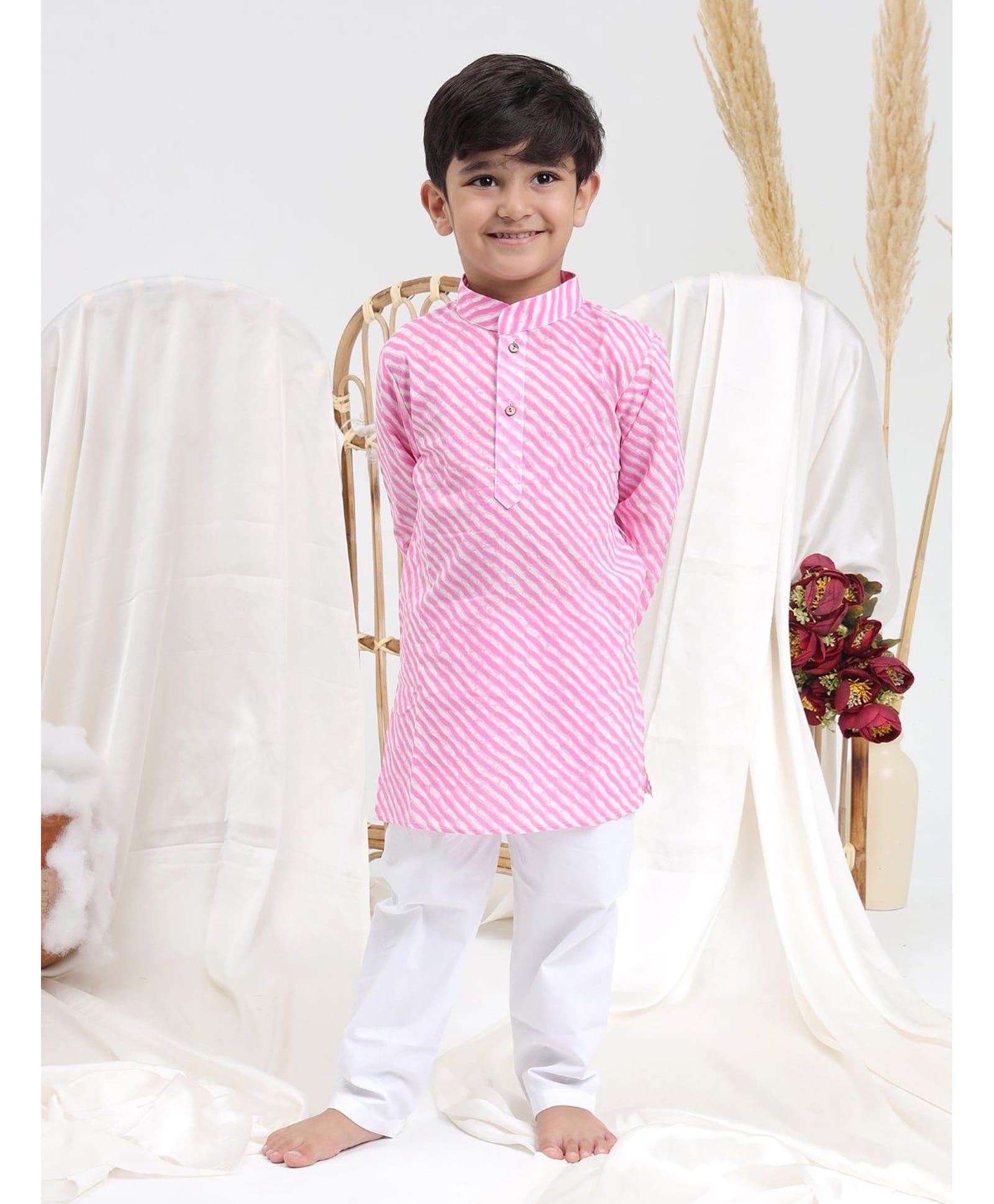 Itsyboo by Waterlemons Cotton Woven Full Sleeves Leheriya Printed Kurta & Pyjama Set - Pink-image-11