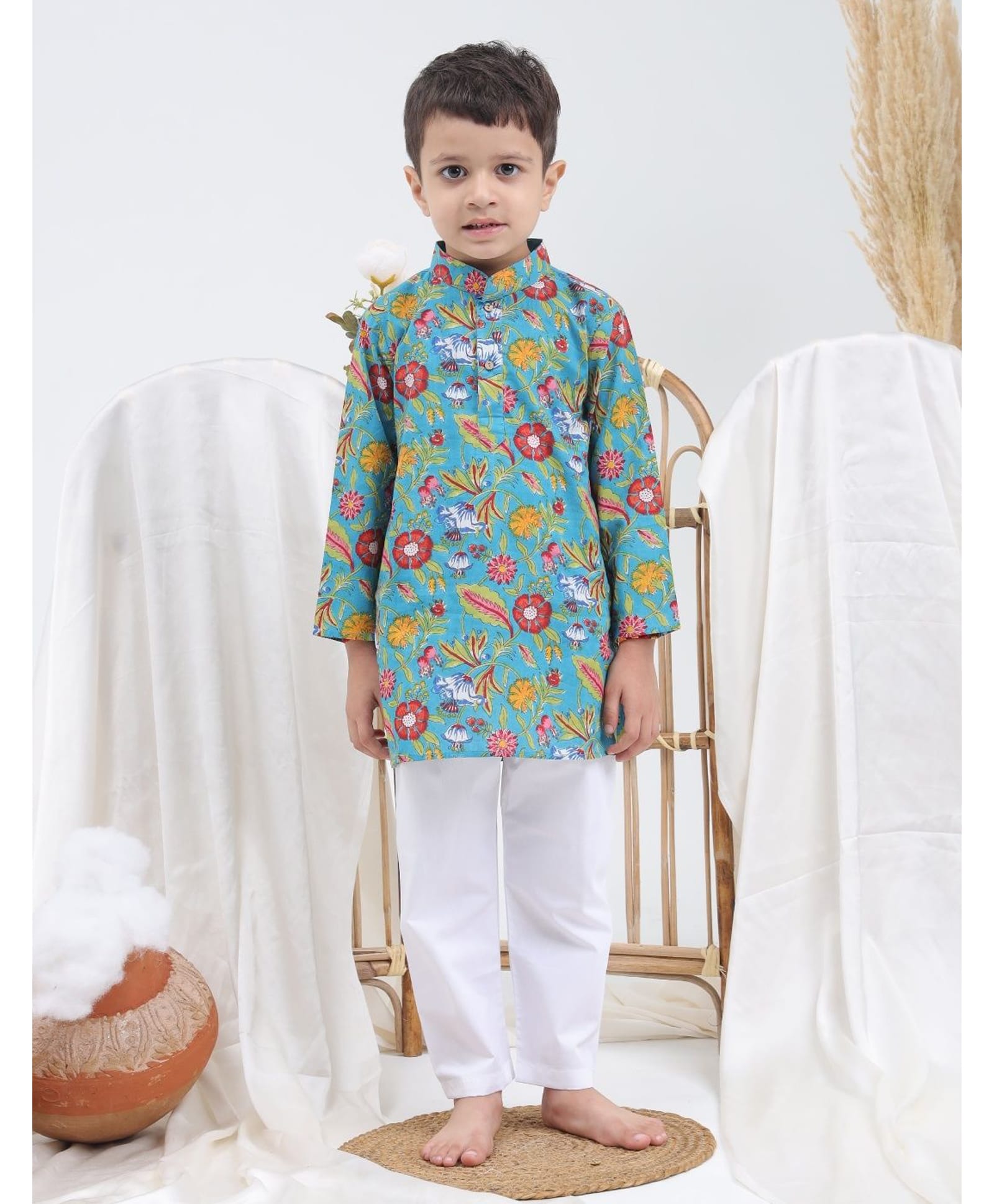Itsyboo by Waterlemons Cotton Woven Full Sleeves Floral Printed Kurta & Pyjama Set - Green-image-29