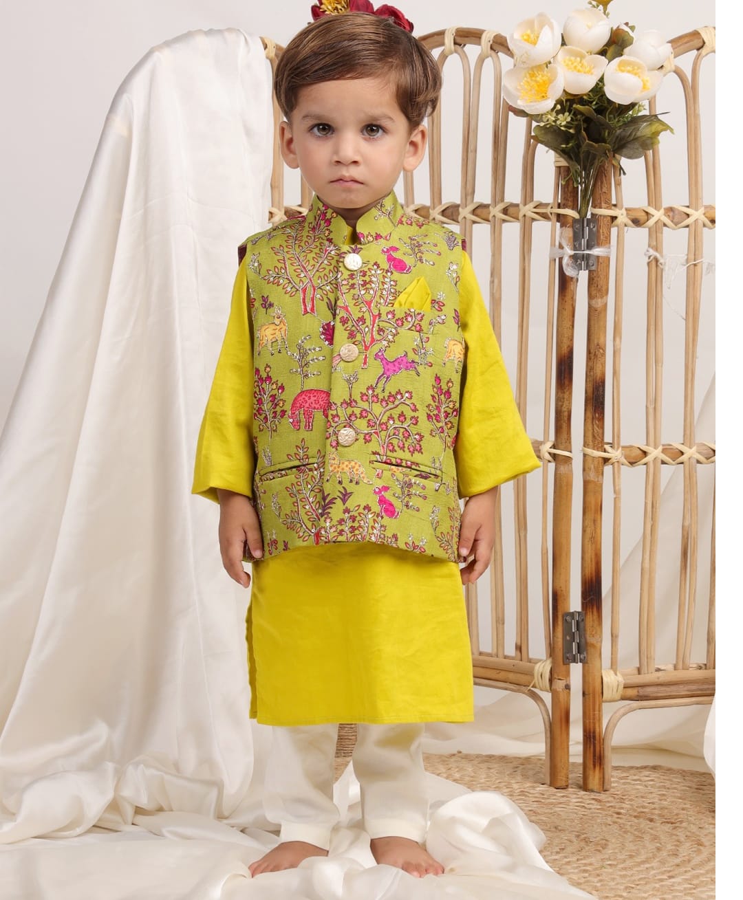 Itsyboo by Waterlemons Cotton Silk Woven Full Sleeves Solid Kurta & Pyjama Set With Jungle Theme Embroidered Jacket - Neon Green-image-23