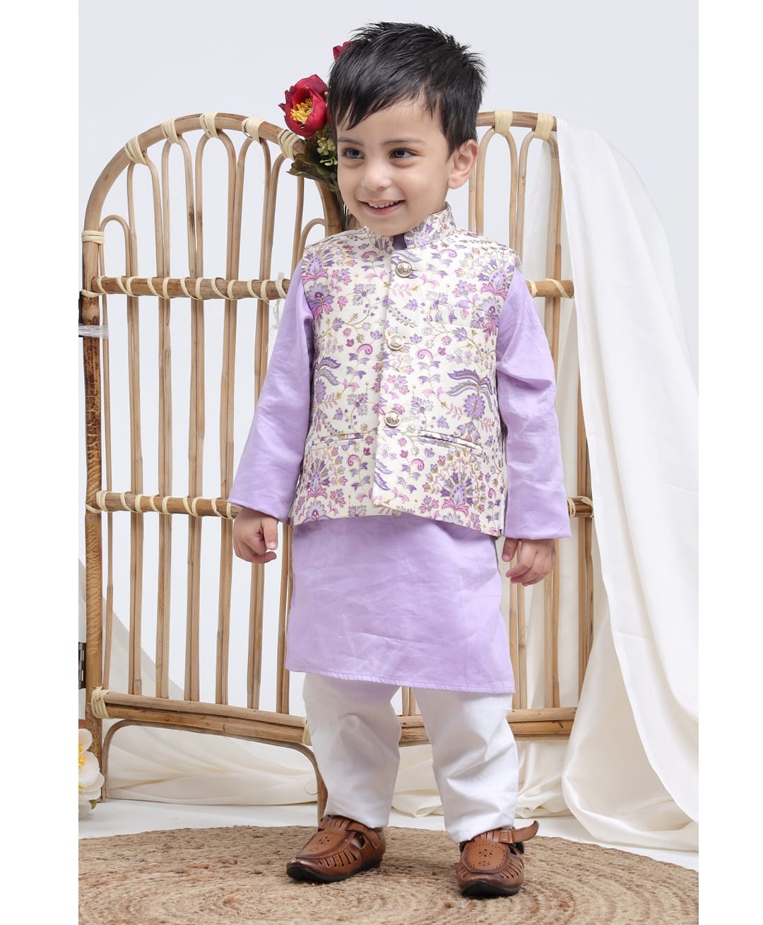 Itsyboo by Waterlemons Cotton Silk Woven Full Sleeves Solid Kurta & Pyjama Set With Floral Embroidered Jacket - Purple-image-47