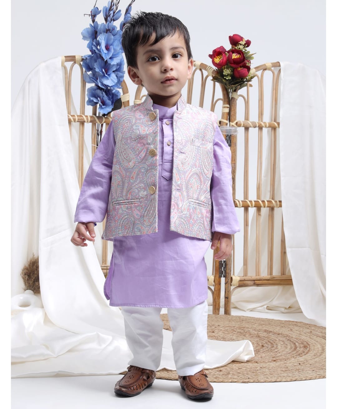 Itsyboo by Waterlemons Cotton Silk Woven Full Sleeves Solid Kurta & Pyjama Set With Paisley Embroidered Jacket - Purple-picture-21