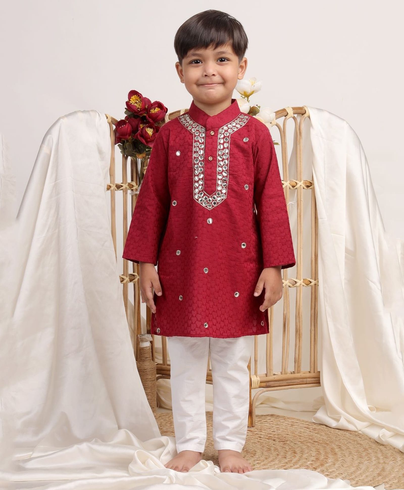 Itsyboo by Waterlemons Cotton Woven Full Sleeves Mirror Work Detailed Geometric Detailed Kurta & Pyjama Set - Maroon-image-36