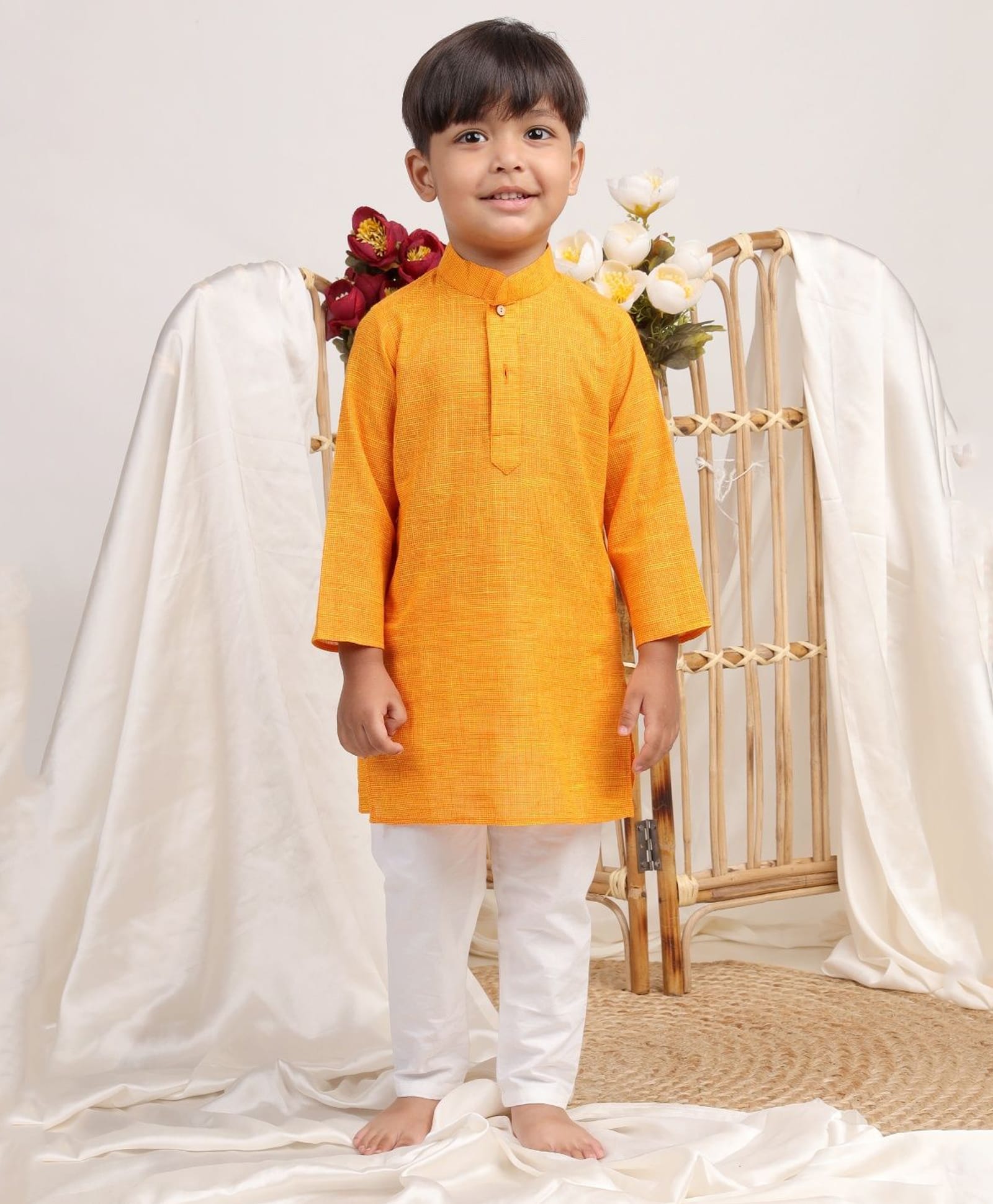 Itsyboo by Waterlemons Cotton Woven Full Sleeves Textured Kurta & Pyjama Set - Orange-image-11
