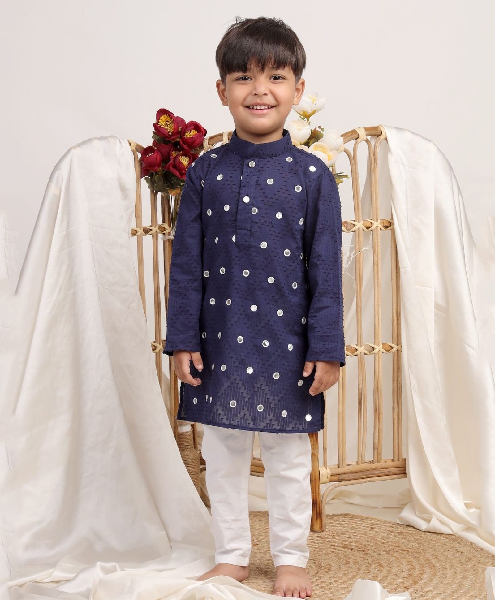 Itsyboo by Waterlemons Cotton Woven Full Sleeves Mirror Work Detailed Geometric Detailed Kurta & Pyjama Set - Navy Blue-image-15