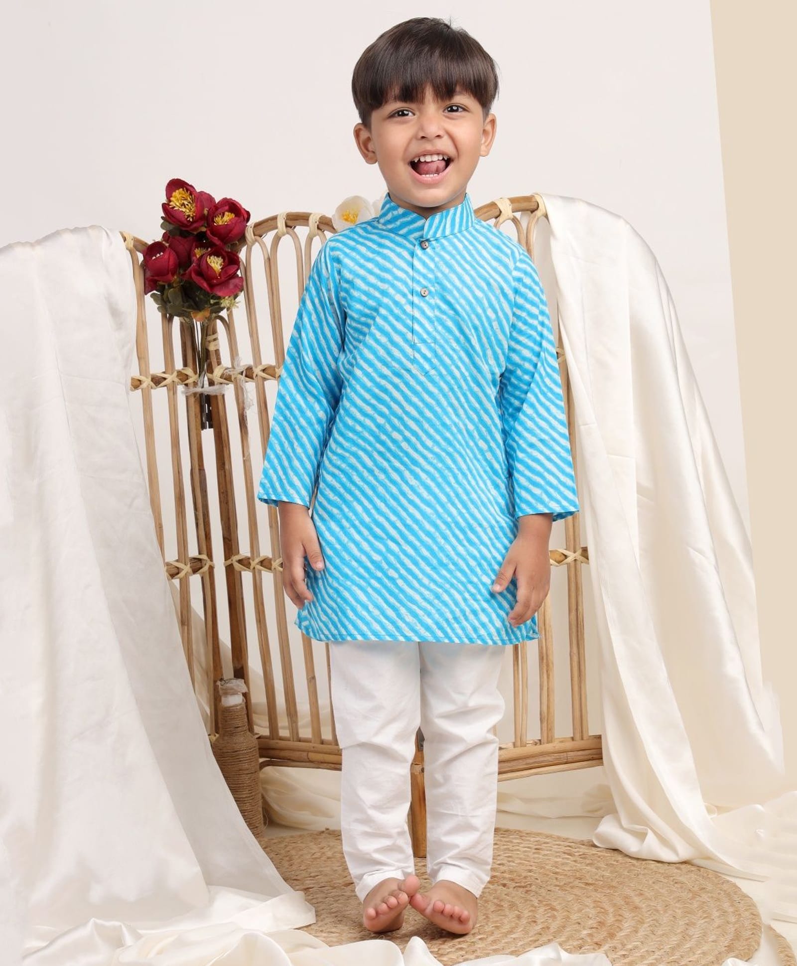 Itsyboo by Waterlemons Cotton Woven Full Sleeves Leheriya Printed Kurta & Pyjama Set - Light Blue-picture-26