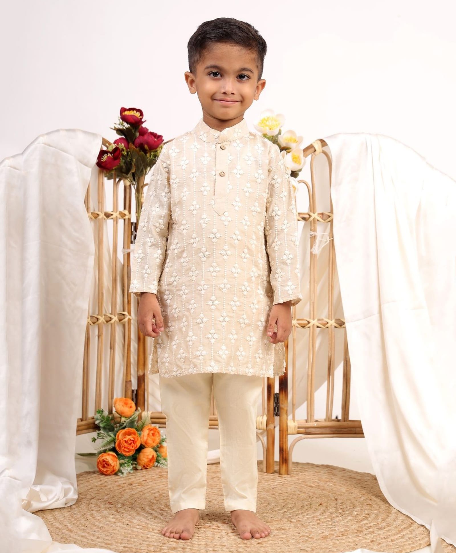 Itsyboo by Waterlemons Cotton Silk Woven Ful Sleeves Floral Embroidered Kurta & Pyjama Set - Beige-image-49