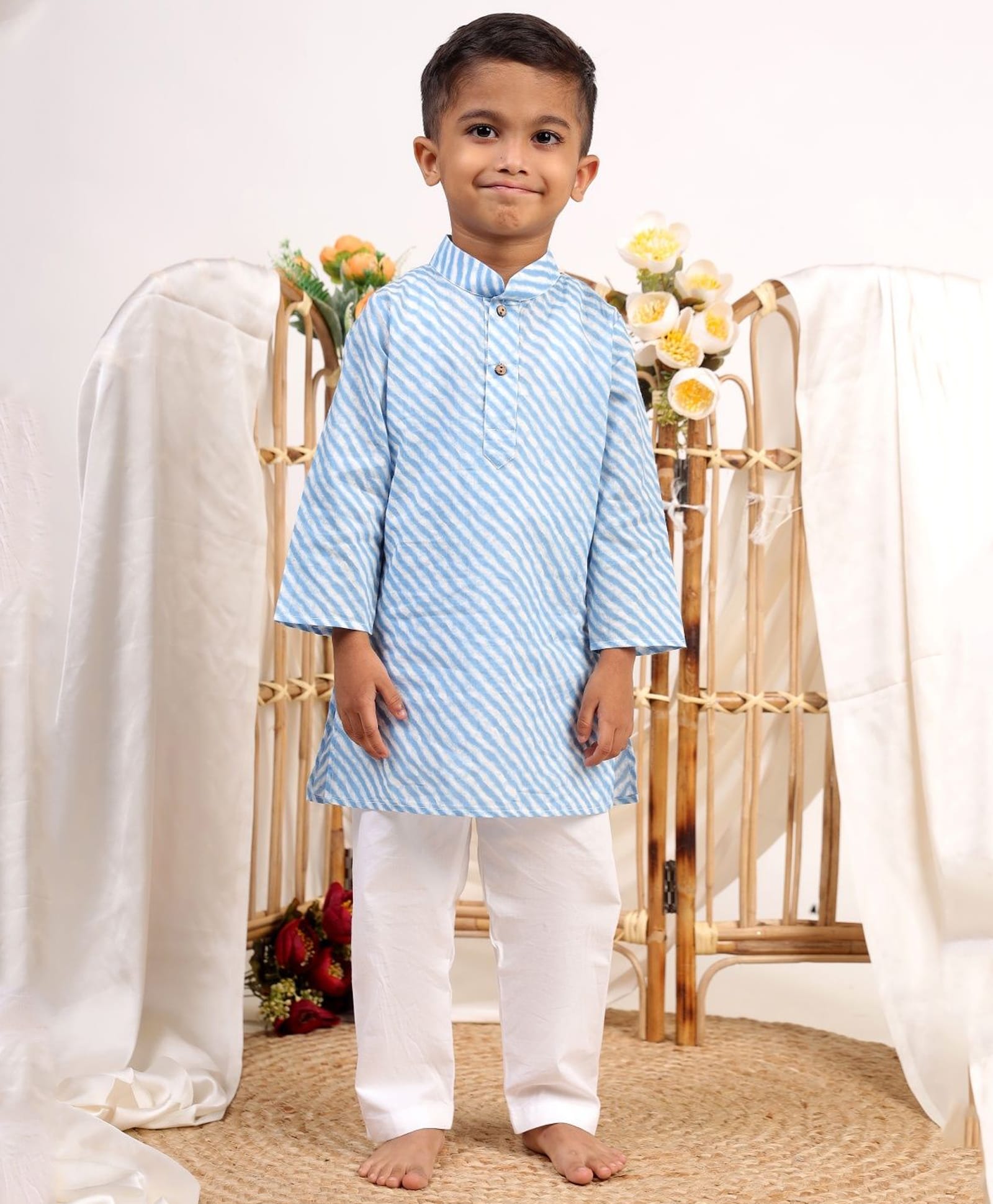 Itsyboo by Waterlemons Cotton Woven Full Sleeves Leheriya Printed Kurta & Pyjama Set - Light Grey-image-45