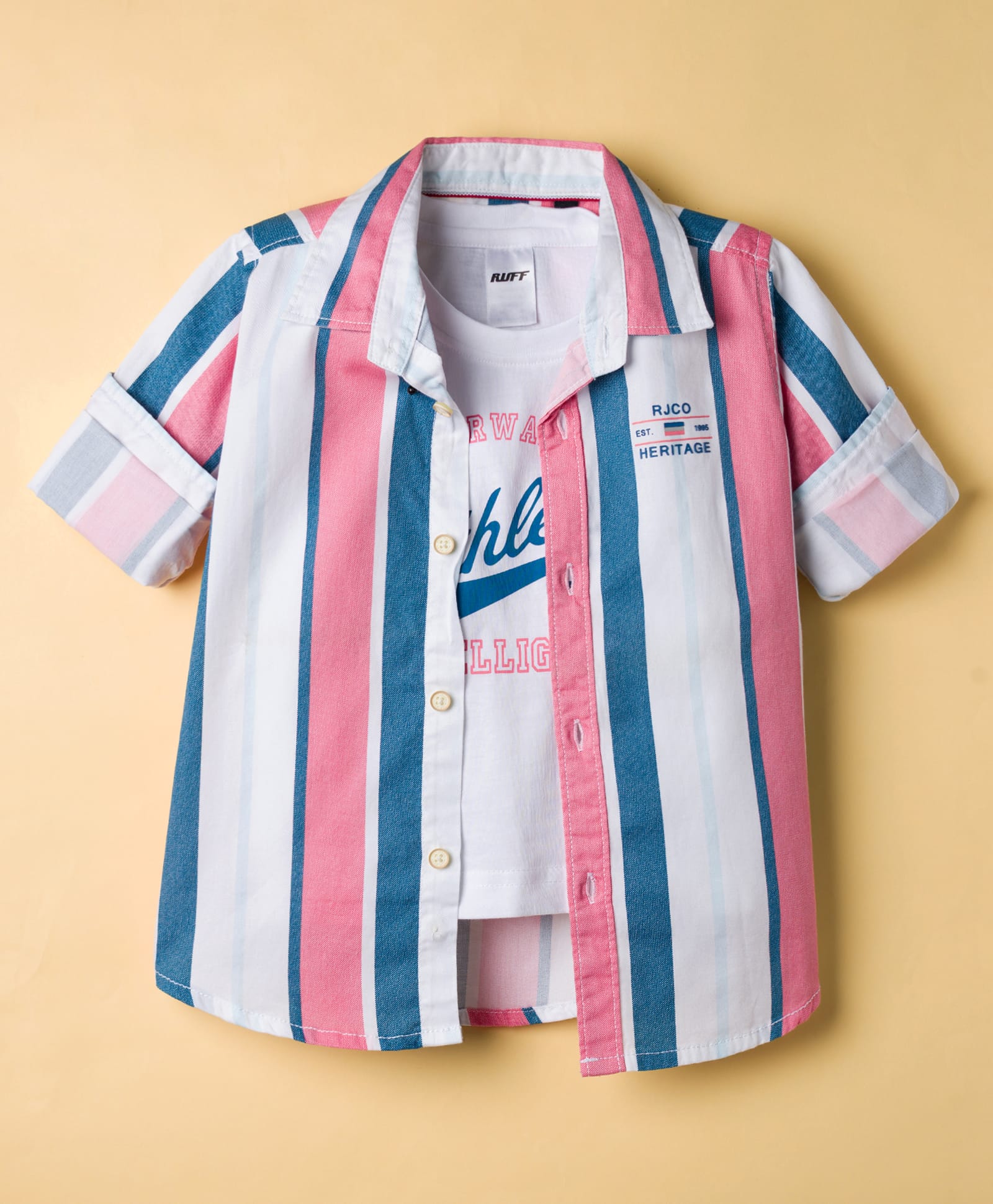 Ruff Single Jersey Woven Striped Shirt with T-Shirt - Pink-picture-4