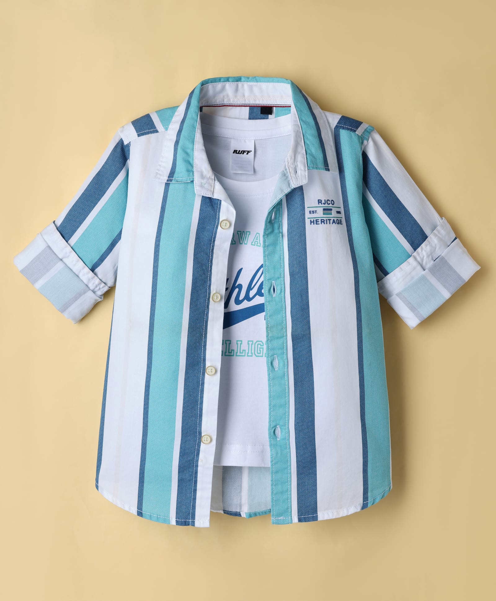 Ruff Single Jersey Woven Striped Shirt with T-Shirt - Blue-picture-20