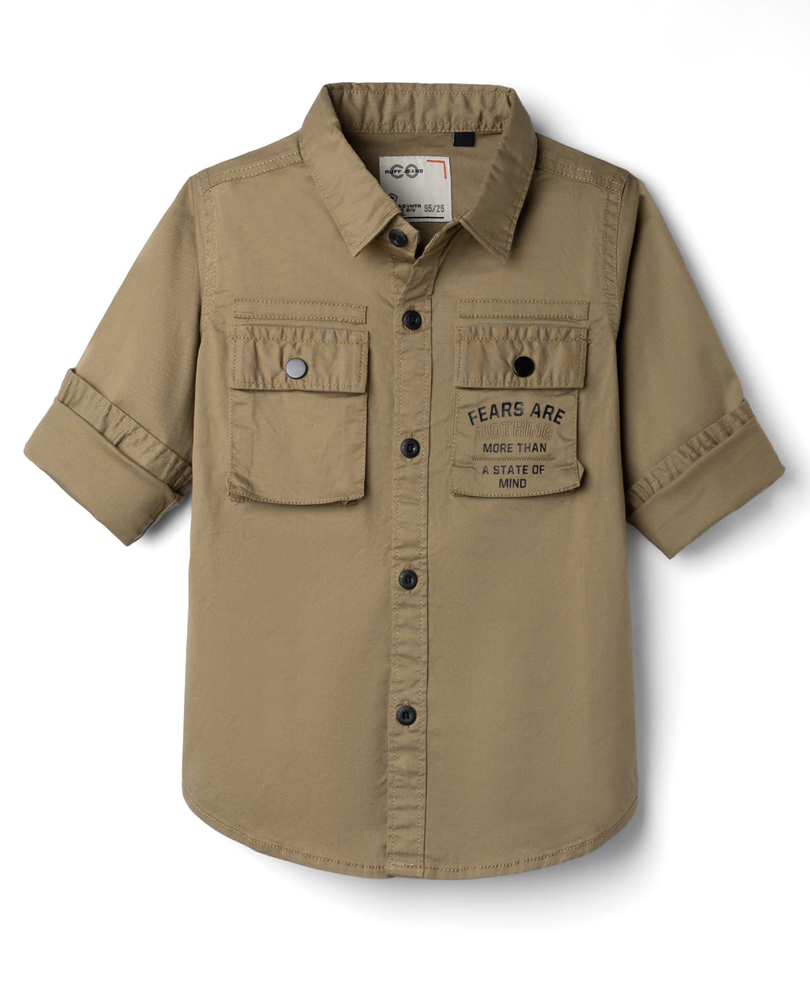 Ruff Poplin Woven Cargo Shirt with Full Sleeves and Fears Are More Than A State Of Mind Print in Khaki for 3-4 Years-image-11