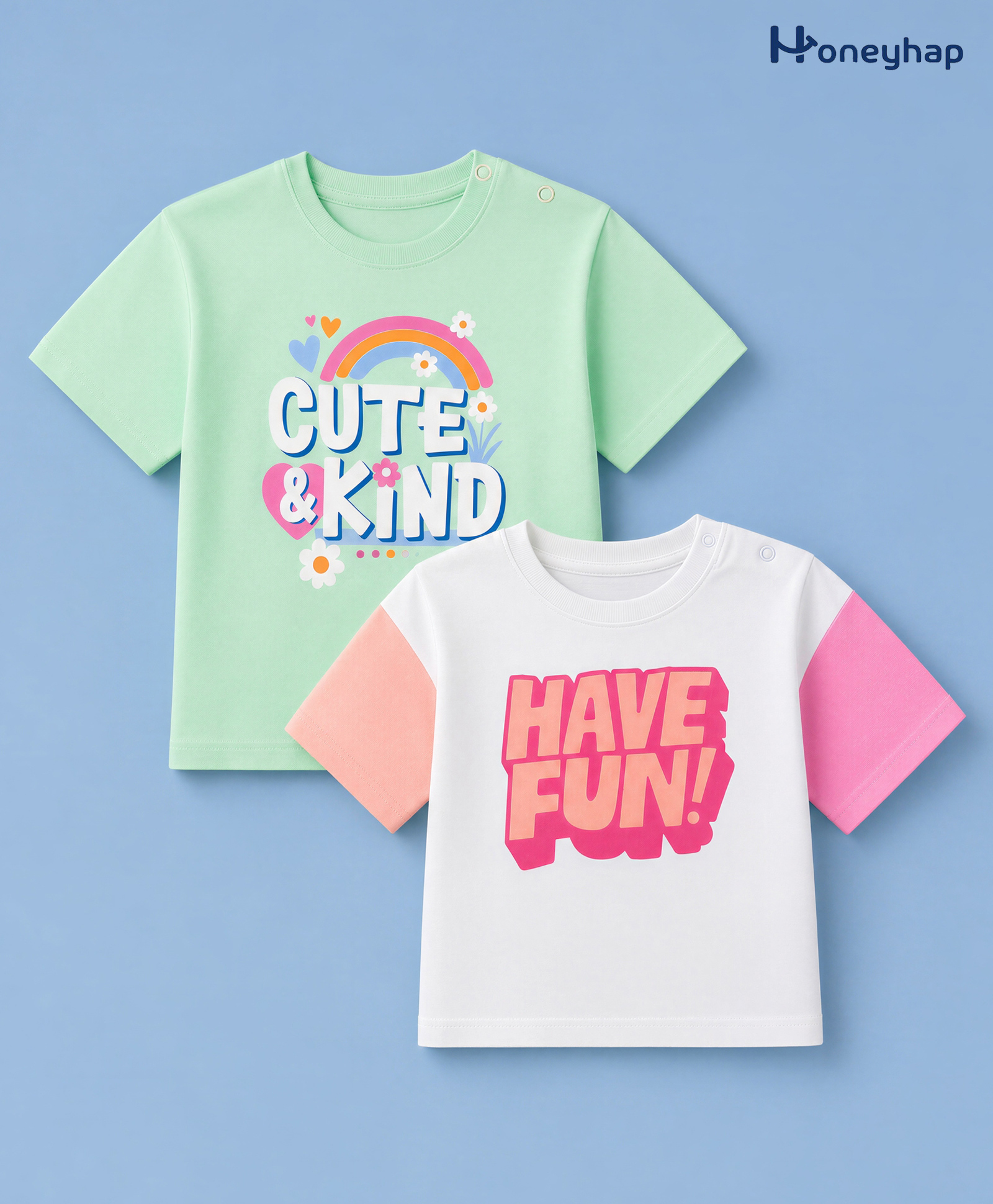 Honeyhap 100% Cotton Oversized T-Shirts with Half Sleeves and Texr Print Pack of 2 - Light Green & White-image-1