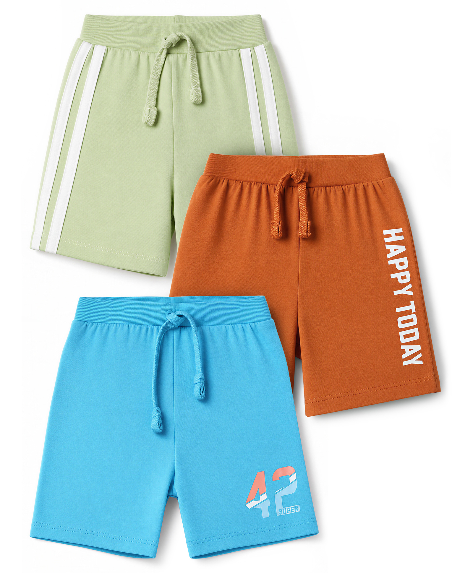 Babyhug Cotton Jersey Knit Mid Thigh Happy Today Printed Shorts With Tape Detailing Pack Of 3 - Light Green Rust Orange & Blue-image-35