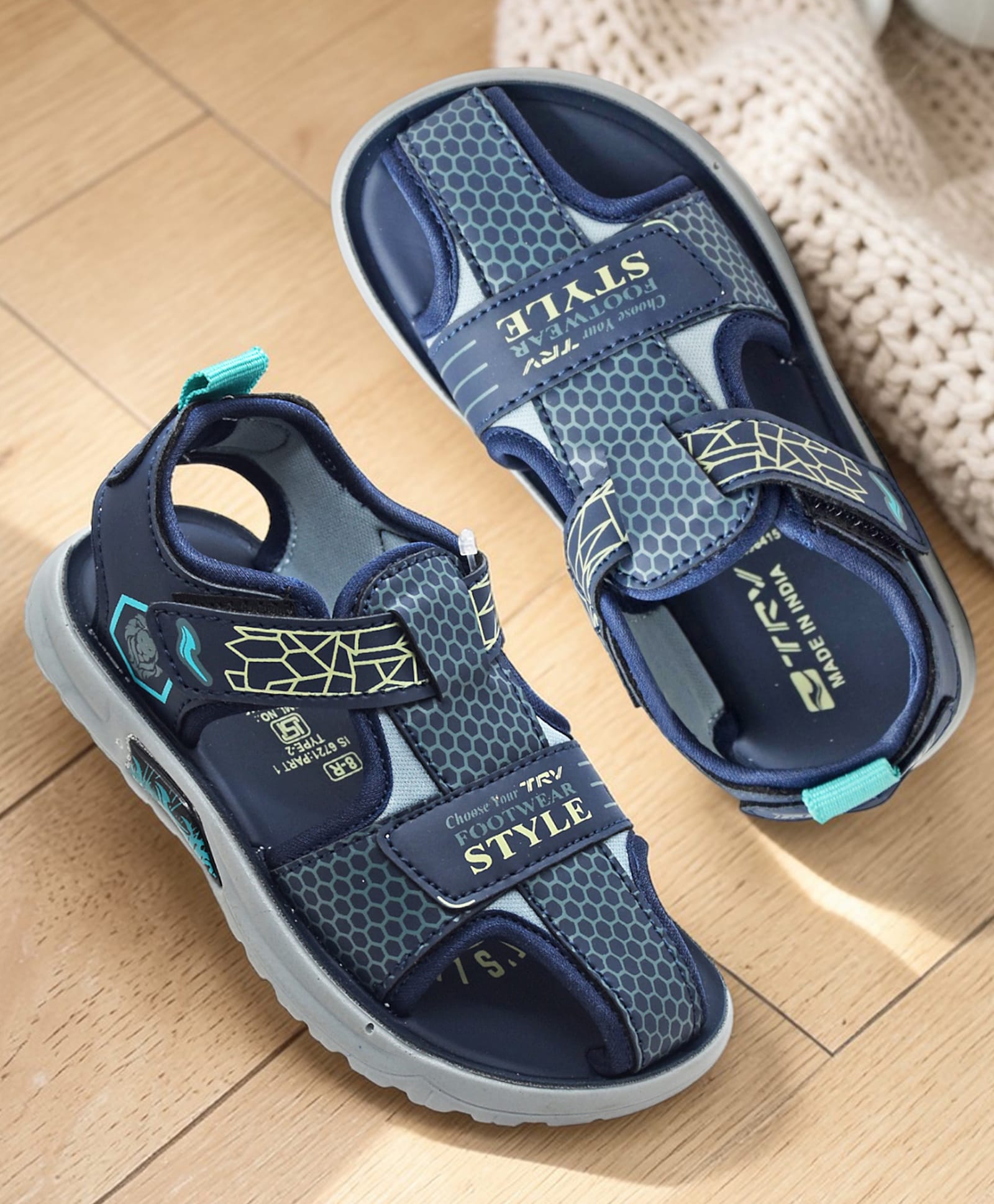 TRV Geometric Designed Velcro Closure Sandals - Blue-image-14