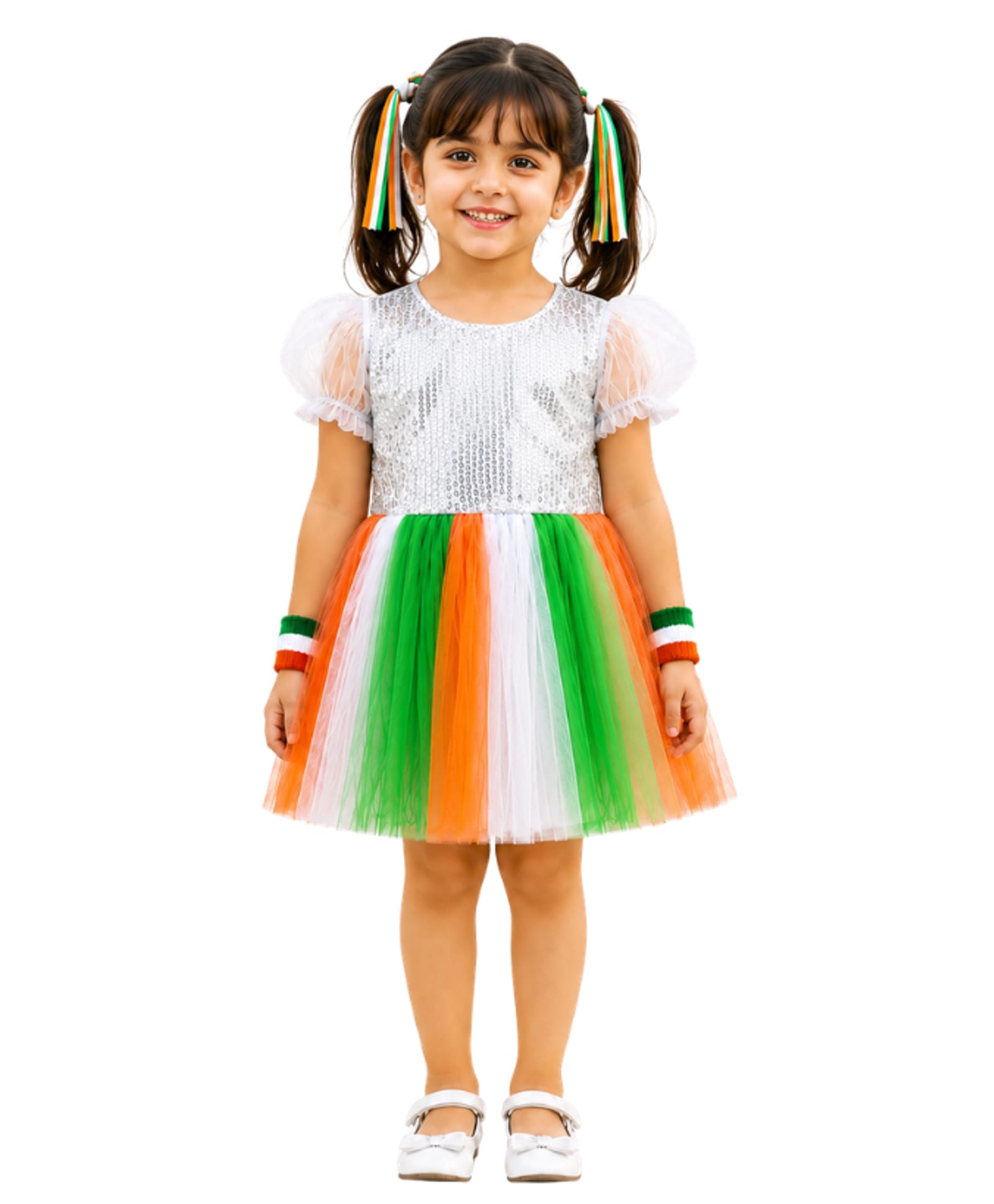 Sarvda Net Woven Independence Day Theme Half Puffed Sleeves Beads Embellished Dress - Tricolour-picture-10