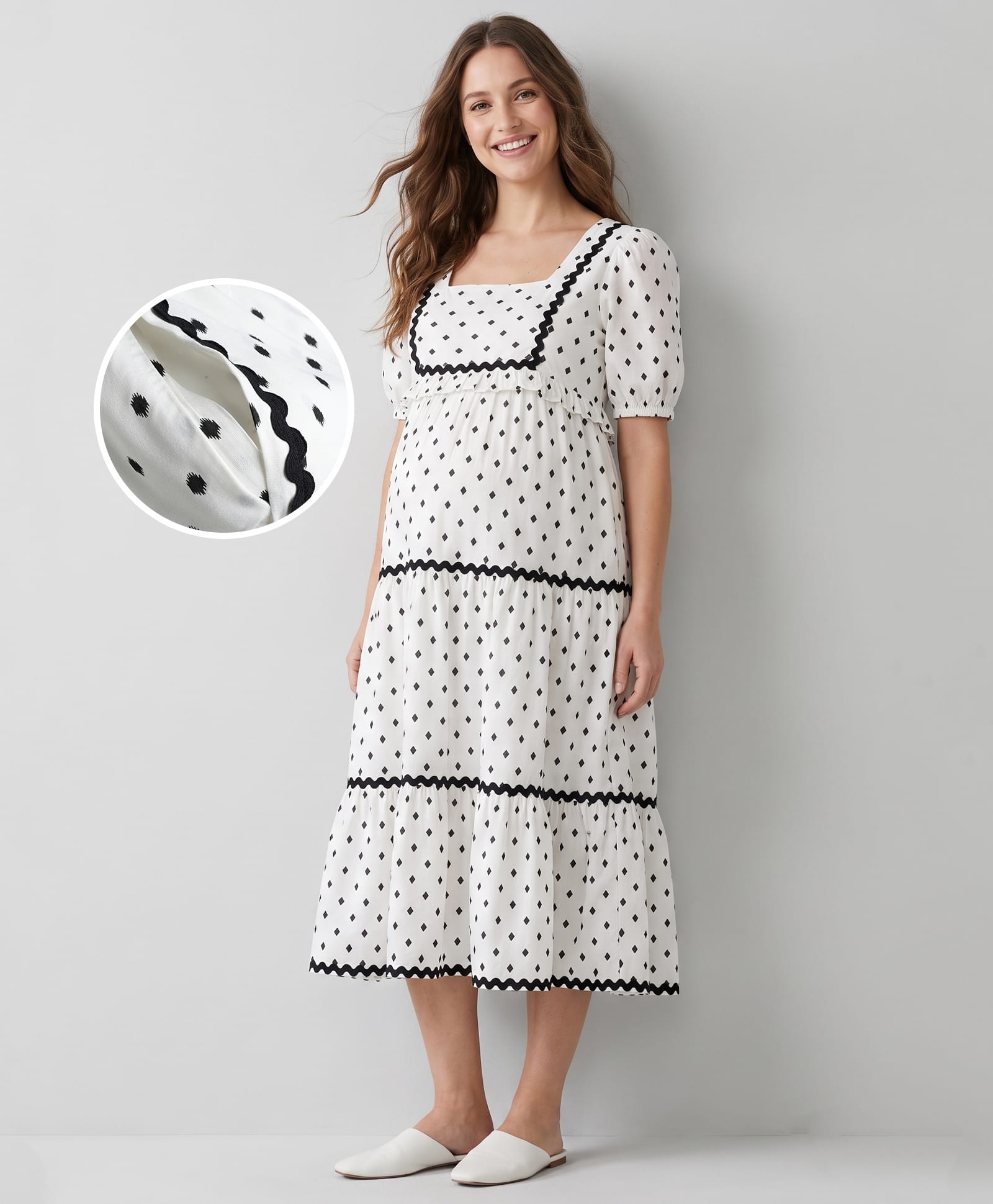 Bella Mama Viscose Woven Half Sleeves Polka Dot Printed Tiered Maternity Dress - Off White-image-25