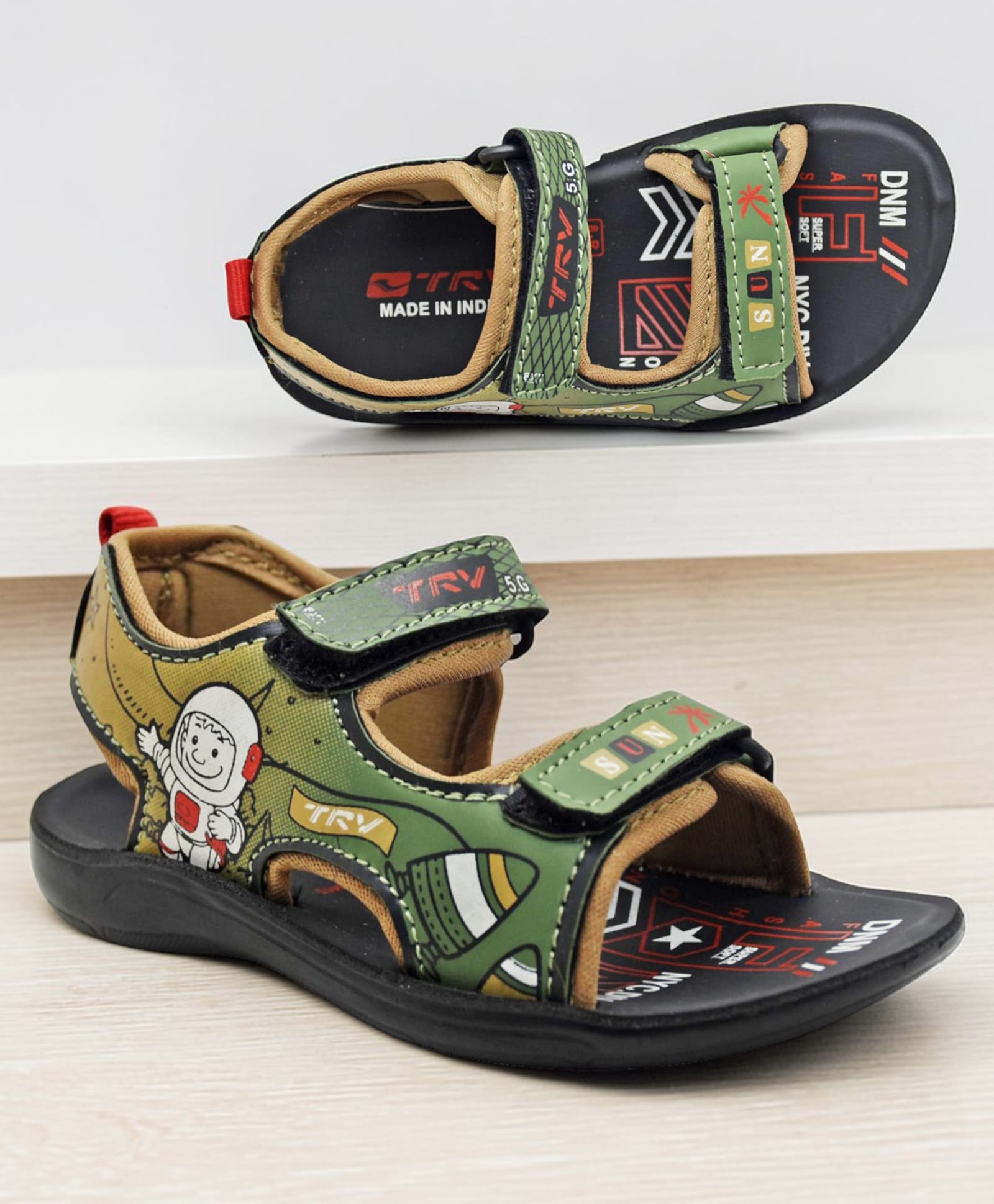 TRV Space Theme Designed Velcro Closure Sandals - Olive Green-image-5