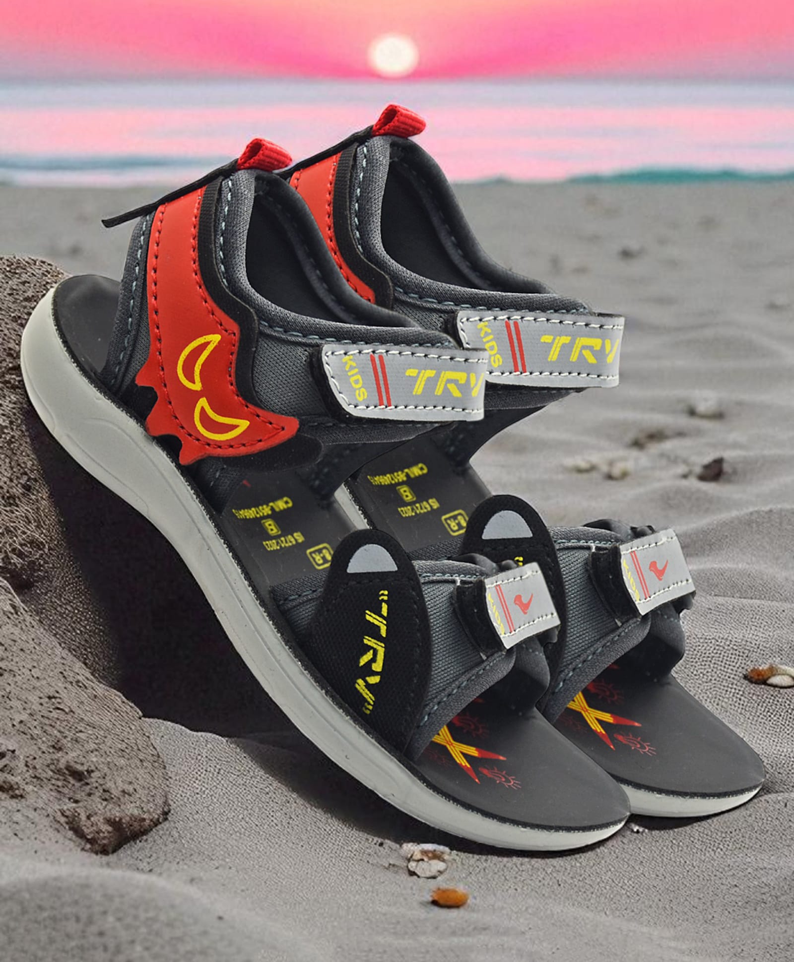 TRV Colour Blocked Abstract Design Velcro Closure Sandals - Black-image-15