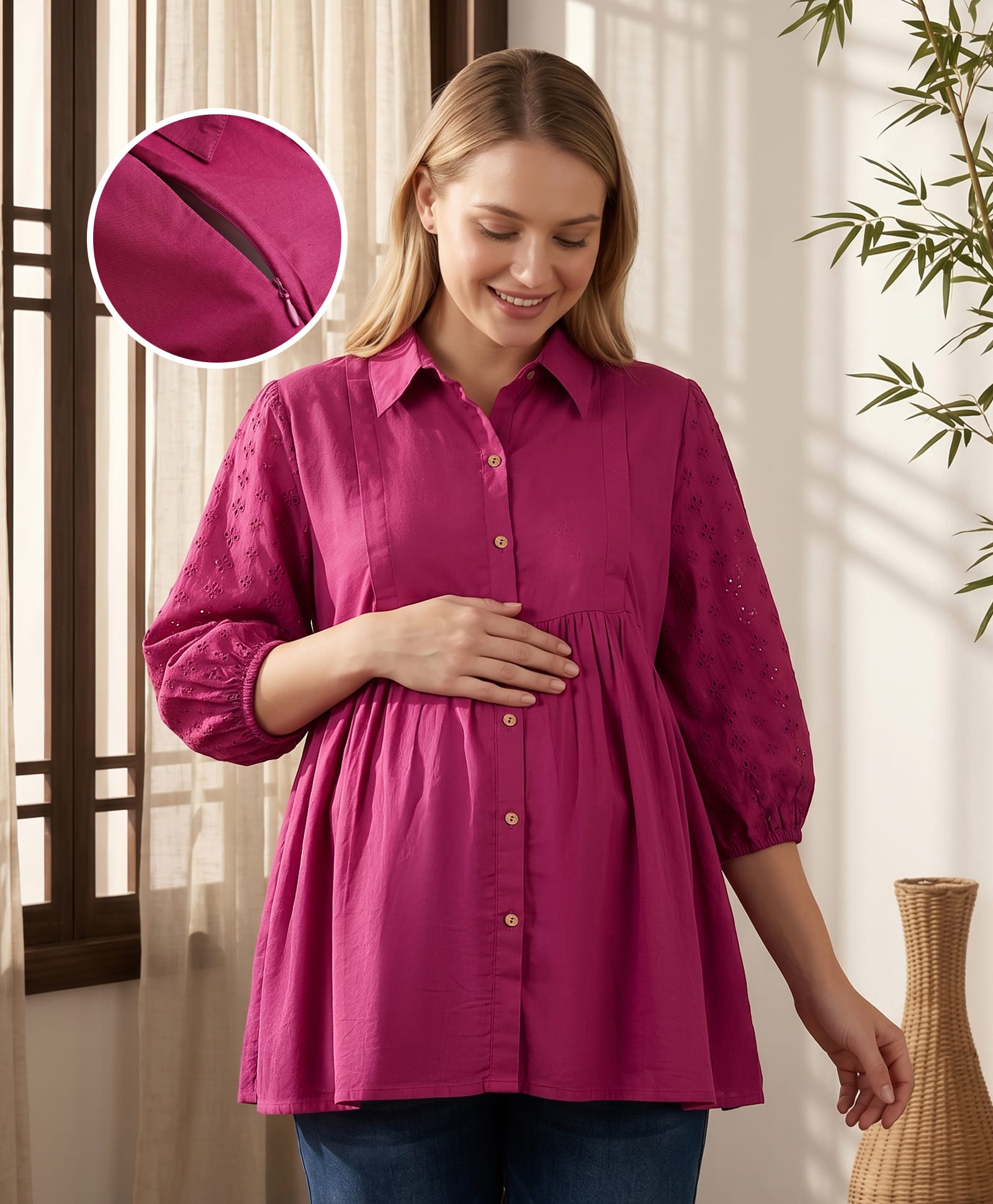 Bella Mama Woven Three Forth SOLID Maternity Top With Schiffli Design - Pink-picture-11
