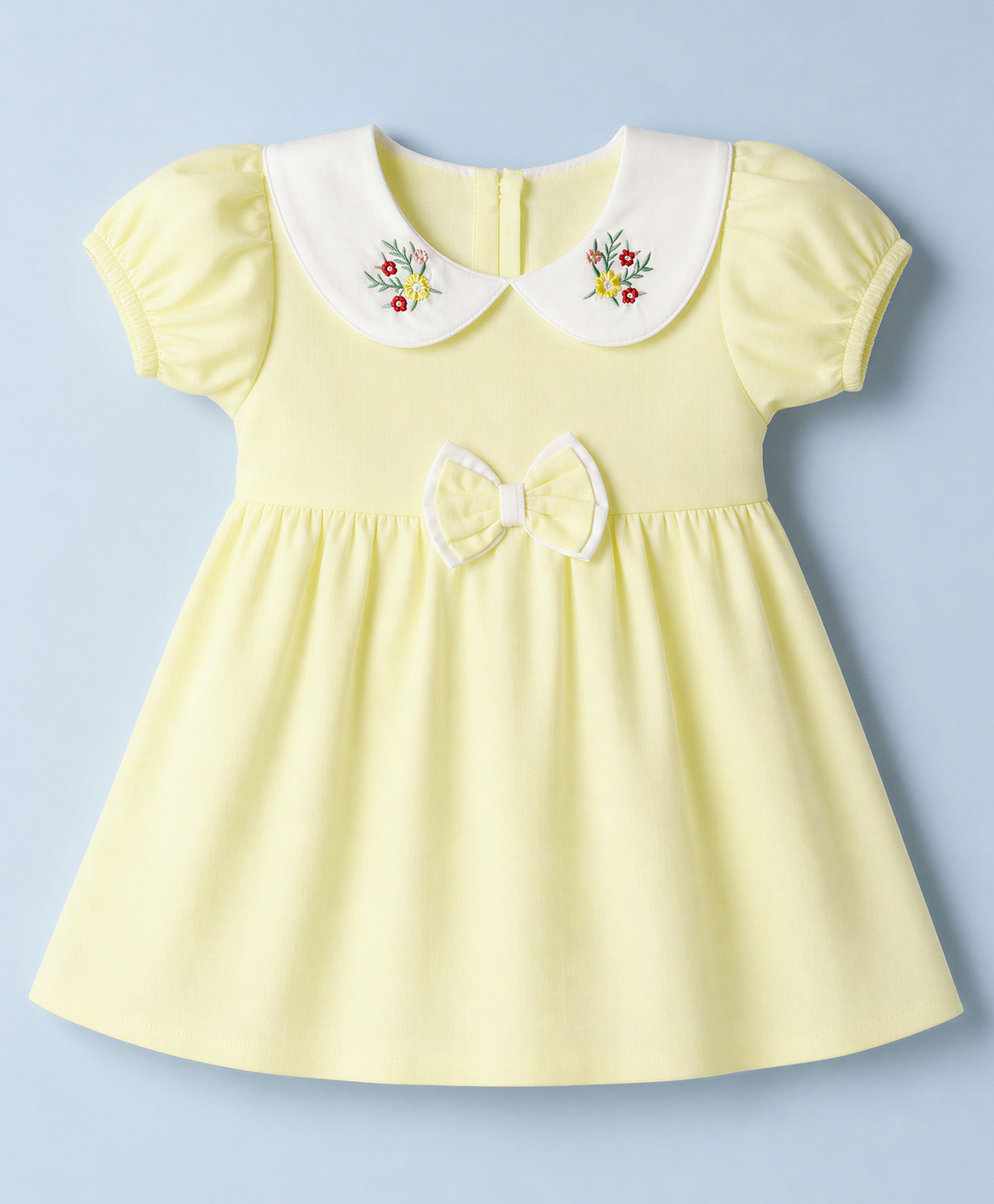 Babyhug Linen Woven Half Sleeves One Piece Dress With Floral Embroidery & Bow Applique - Yellow-picture-32