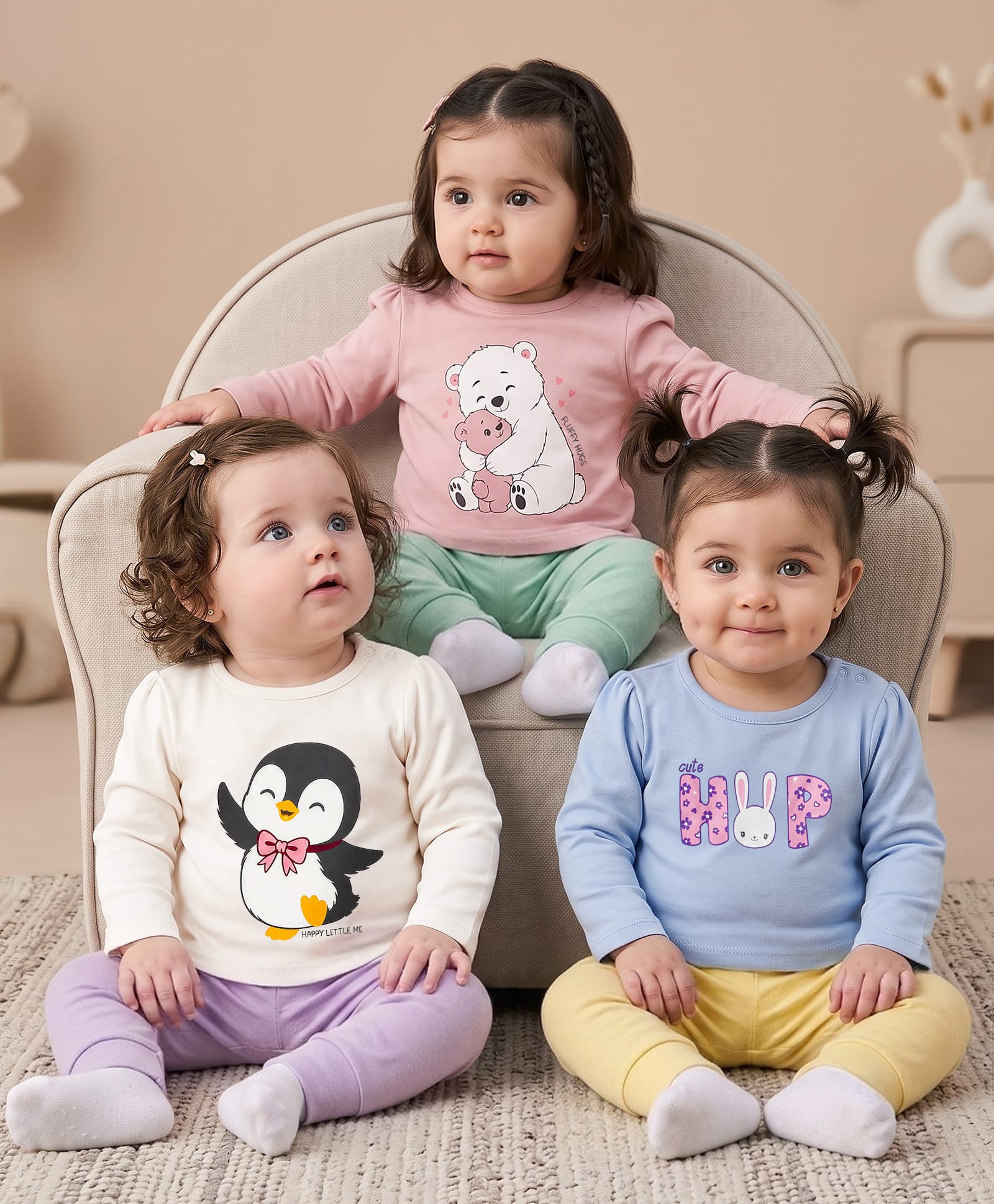 Babyoye 100% Cotton Knit Full Sleeves T-Shirts with Animal Print - Pink White & Blue-image-21
