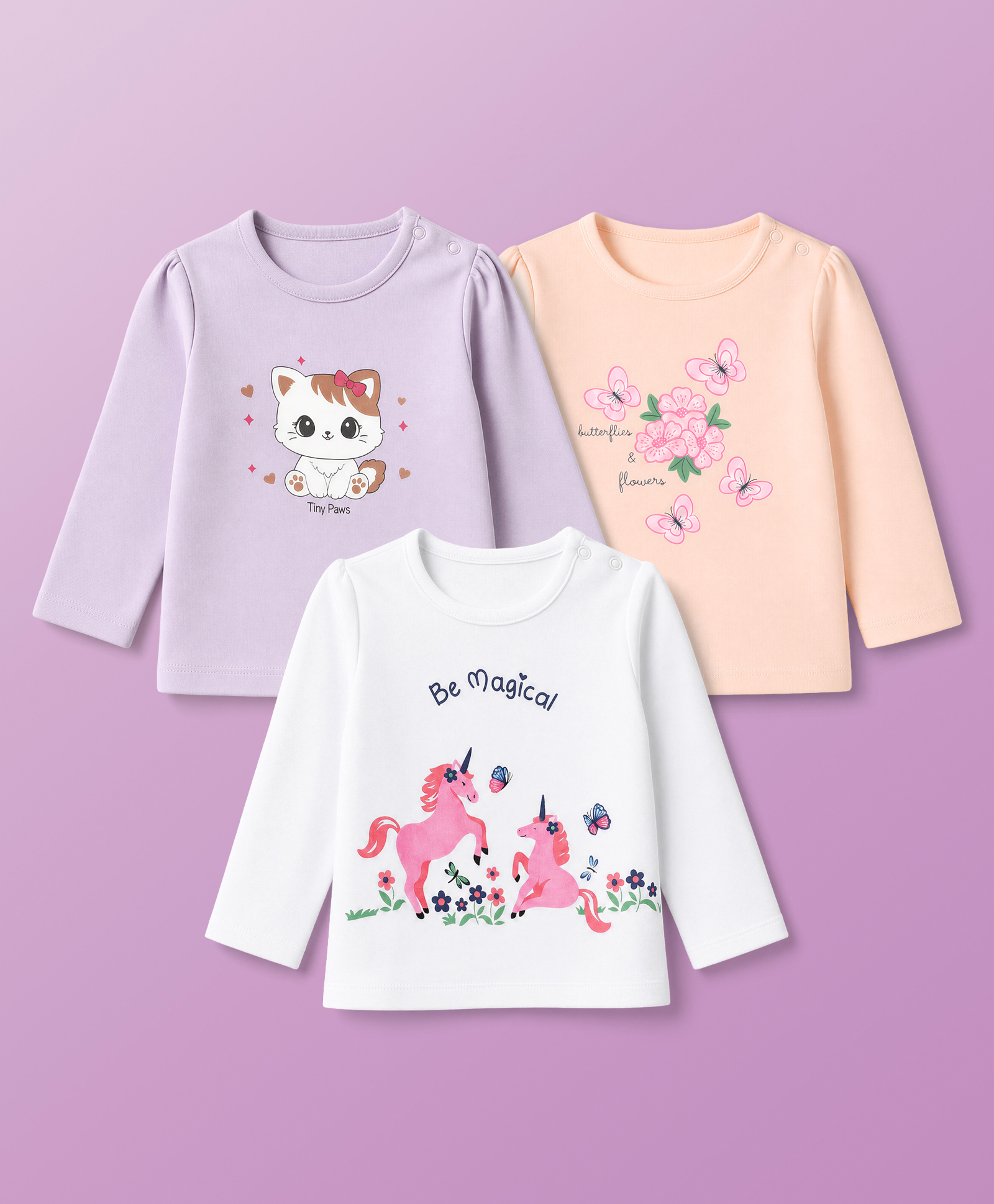 Babyoye 100% Cotton Interlock Knit Full Sleeves Eco Jiva Finish T-Shirts with Cat Butterfly Horse & Floral Print Pack of 3 - Lavender White & Peach-picture-27