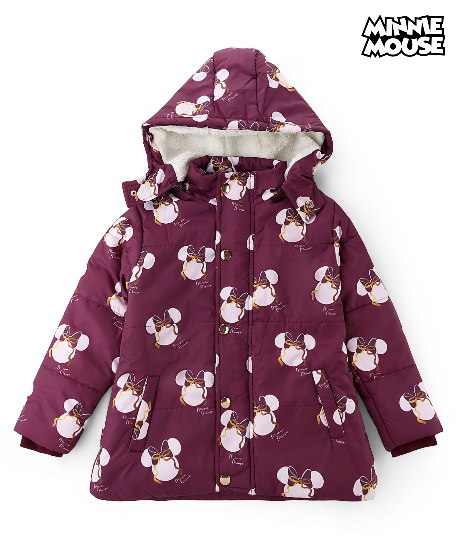 Babyhug Disney Woven Full Sleeves Hooded Paded Winter Wear Jacket With Minnie Mouse Graphic - Marooon-image-25