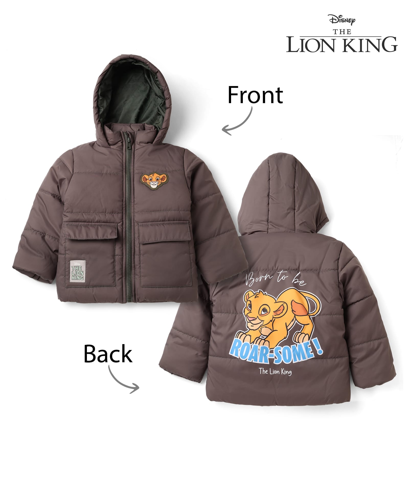 Babyhug Disney Woven Full Sleeves Hooded Padded Winter Jacket Front and Back With Simba Graphic - Light Brown-picture-15