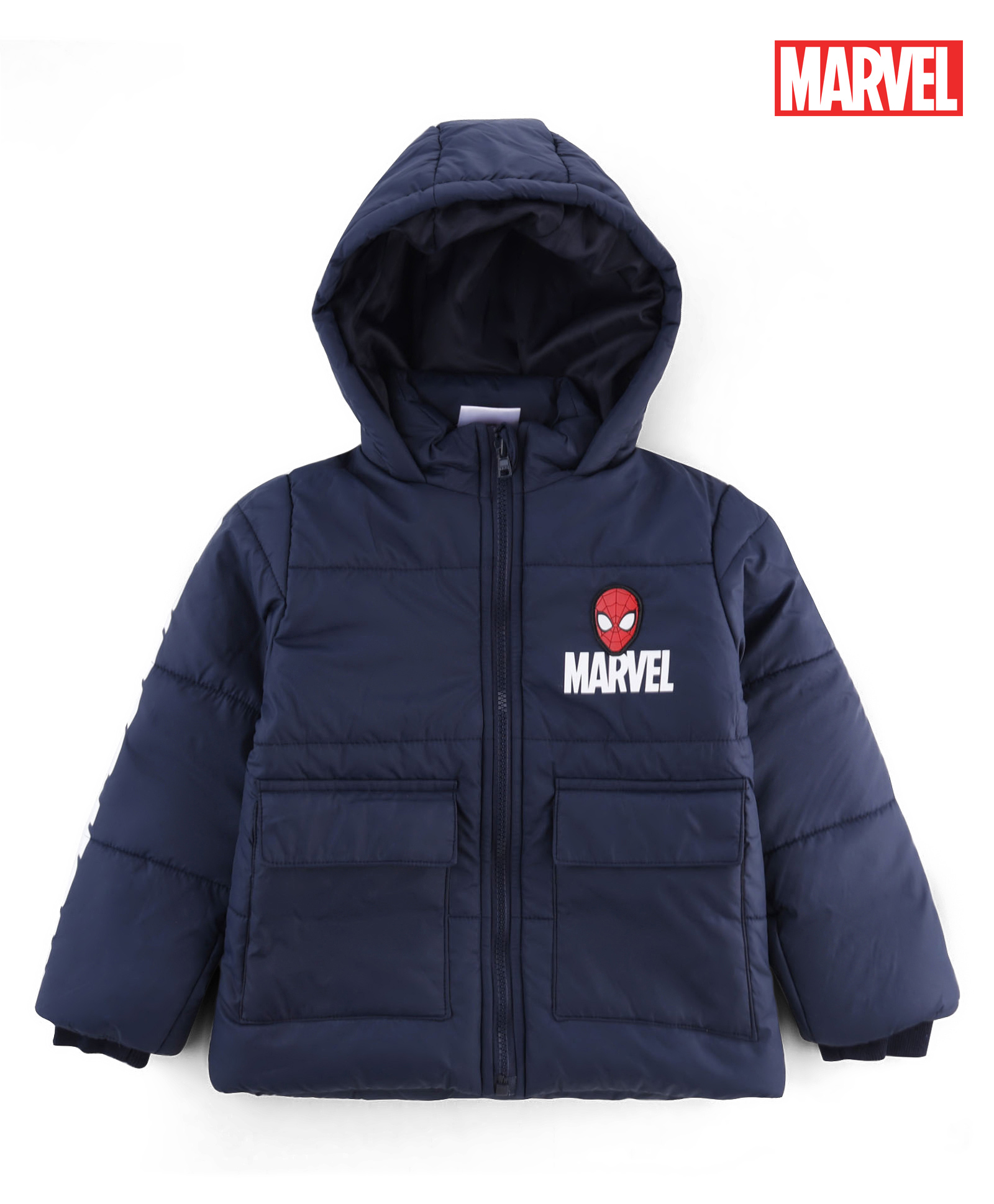 Babyhug Marvel Cotton Woven Hooded Winter Jacket with Full Sleeves and Spiderman Badge Print in Navy Blue for 18-24 Months-image-31