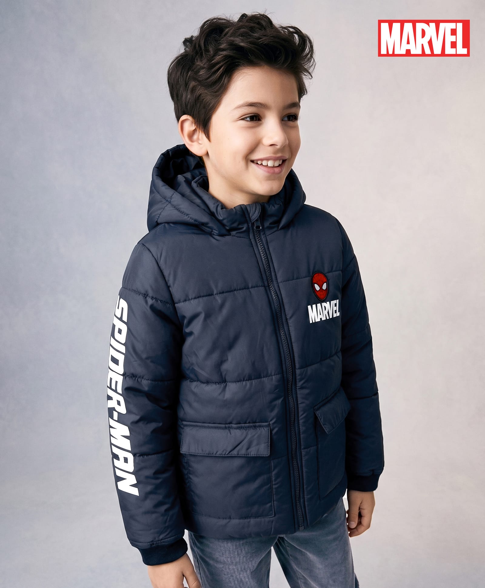 Pine Kids Marvel Woven Full Sleeves Padded Hooded Winter Jacket with Spiderman Badge - Navy Blue-image-25