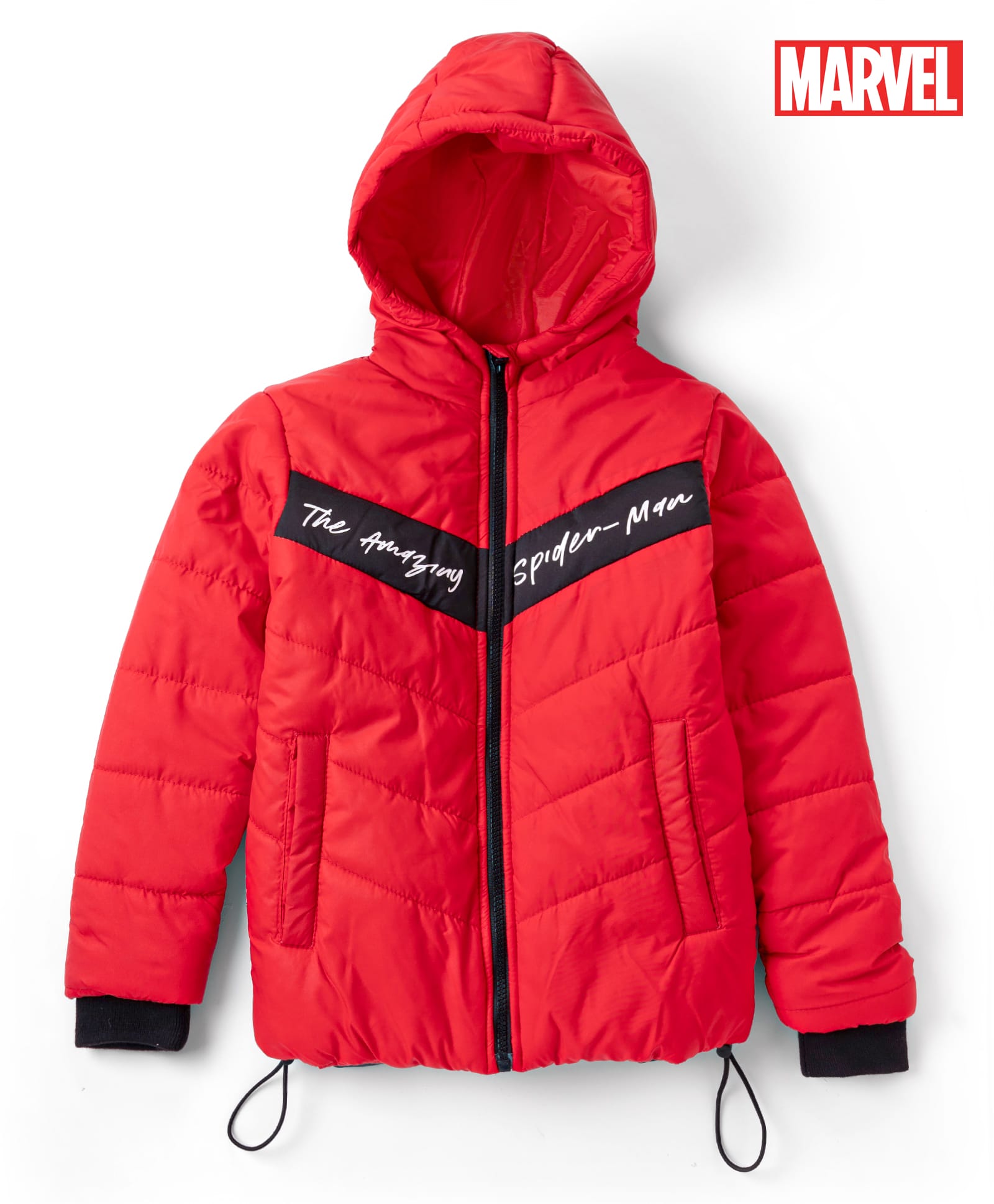 Pine Kids Marvel Woven Hooded Padded Winter Jacket with Full Sleeves and Text Print - Red-picture-17