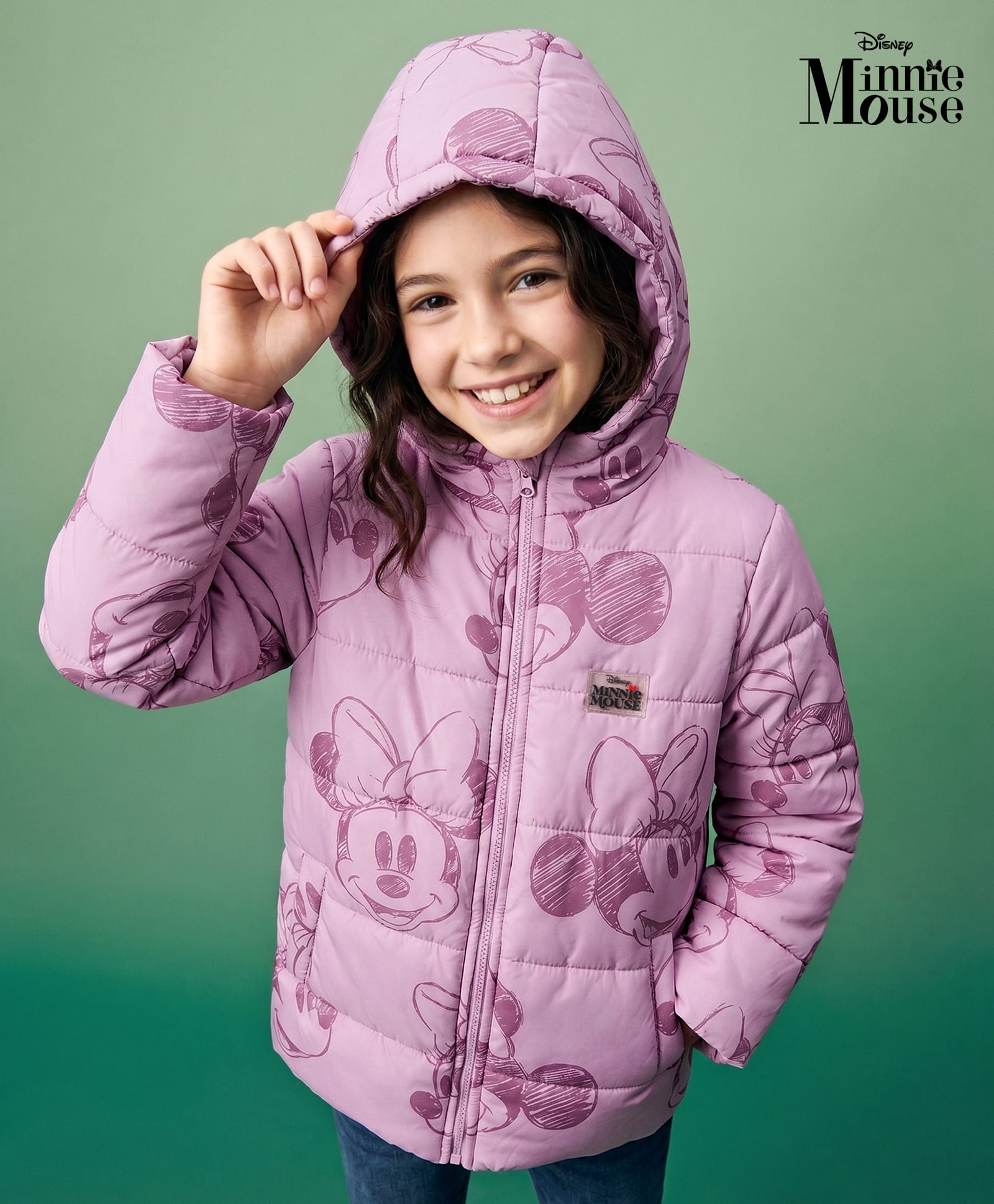Pine Kids Disney Woven Full Sleeves Padded Hooded Winter Jacket With Minnie Mouse Graphic & Badge - Pink-picture-24