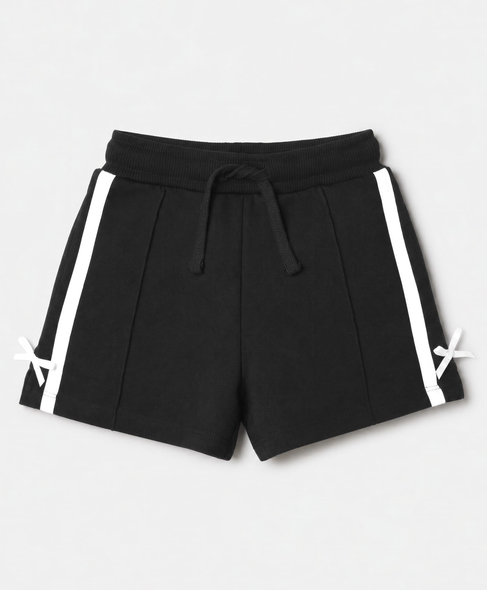 Babyhug Cotton Looper Knit Mid Thigh Solid Shorts With Tape Detailing & Bow Applique - Black-image-42