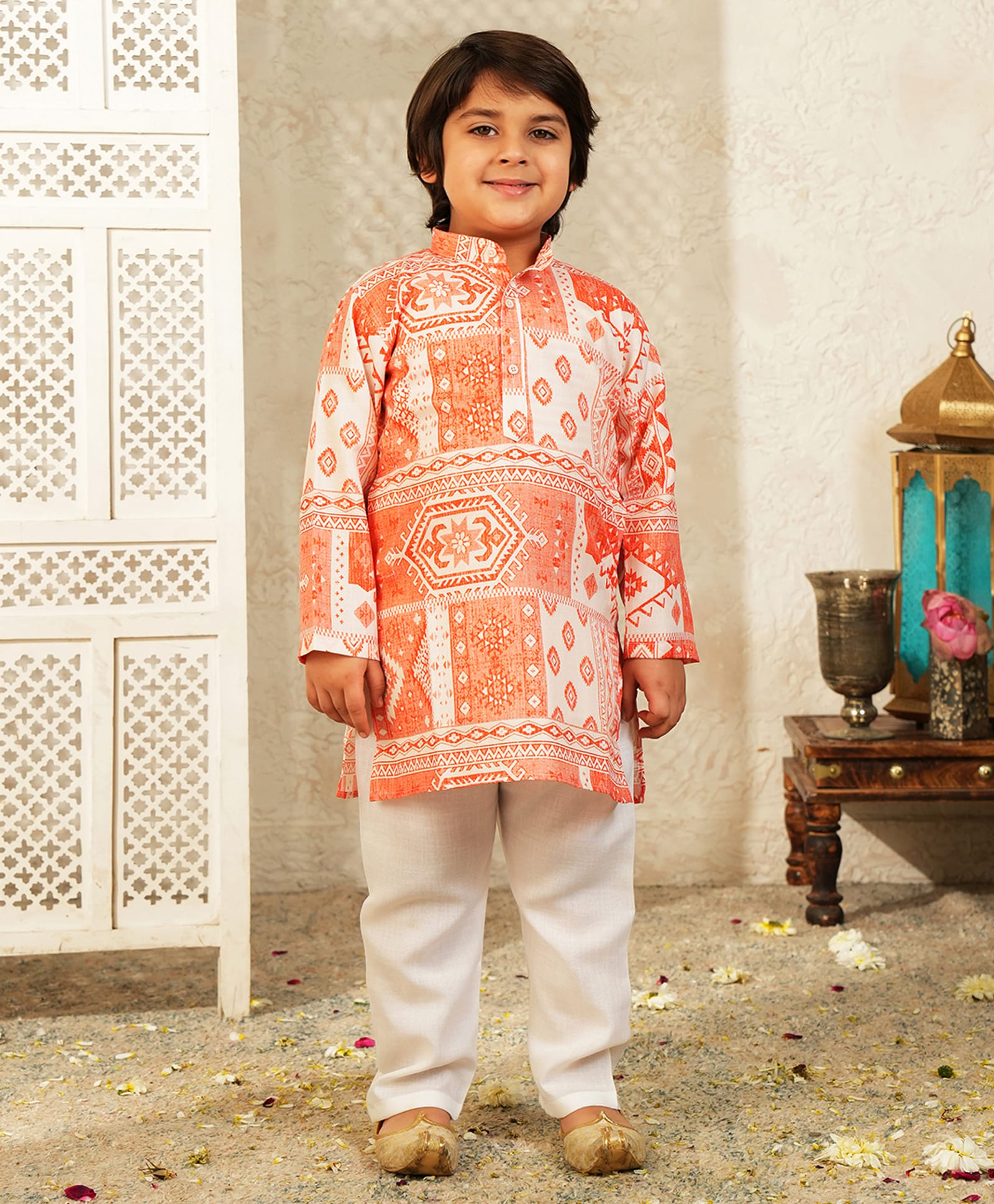 AJ Dezines Cotton Blend Woven Full Sleeves Abstarct Printed Kurta & Pyjama Set - Orange-picture-22