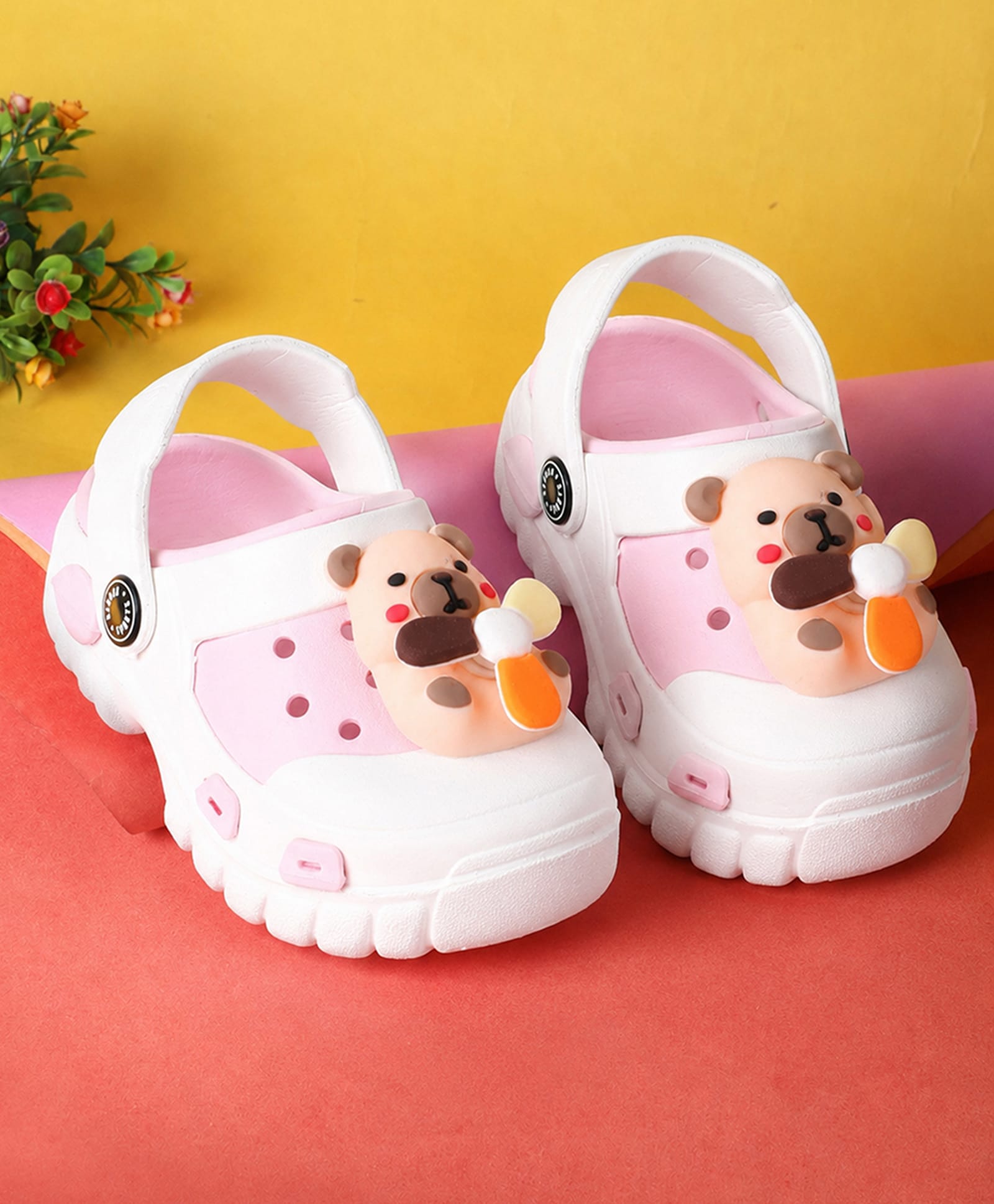 PASSION PETALS Bear Applique Detailed Perforated Sling Back Clogs - Pink & White-picture-28