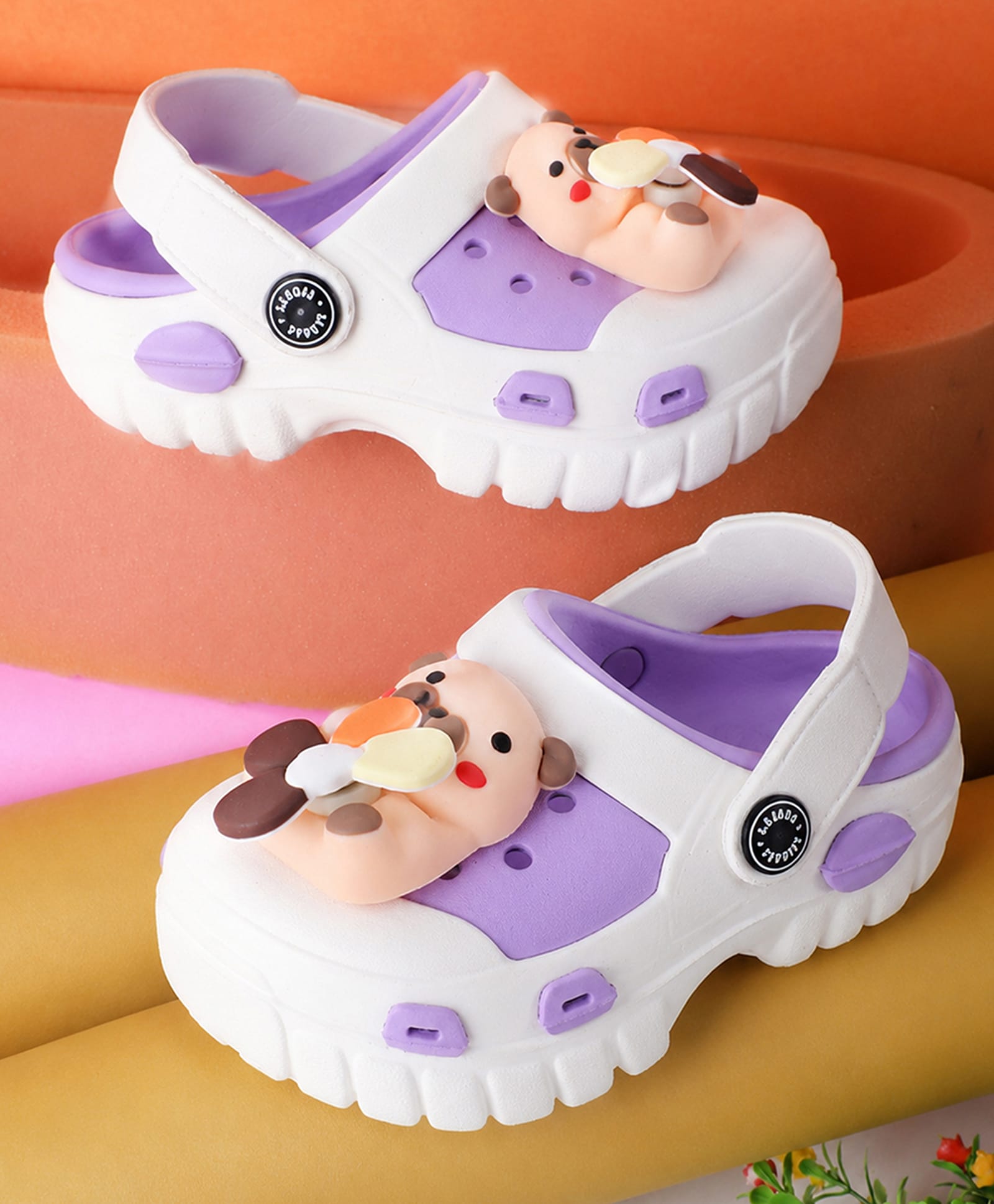 PASSION PETALS Bear Applique Detailed Perforated Sling Back Clogs - Purple & White-picture-13