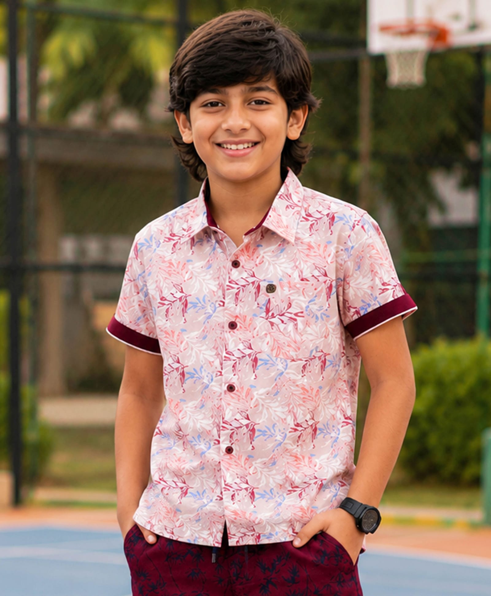 Kiddopanti Cotton Woven Half Sleeves Leaves Printed Shirt - Peach-picture-20