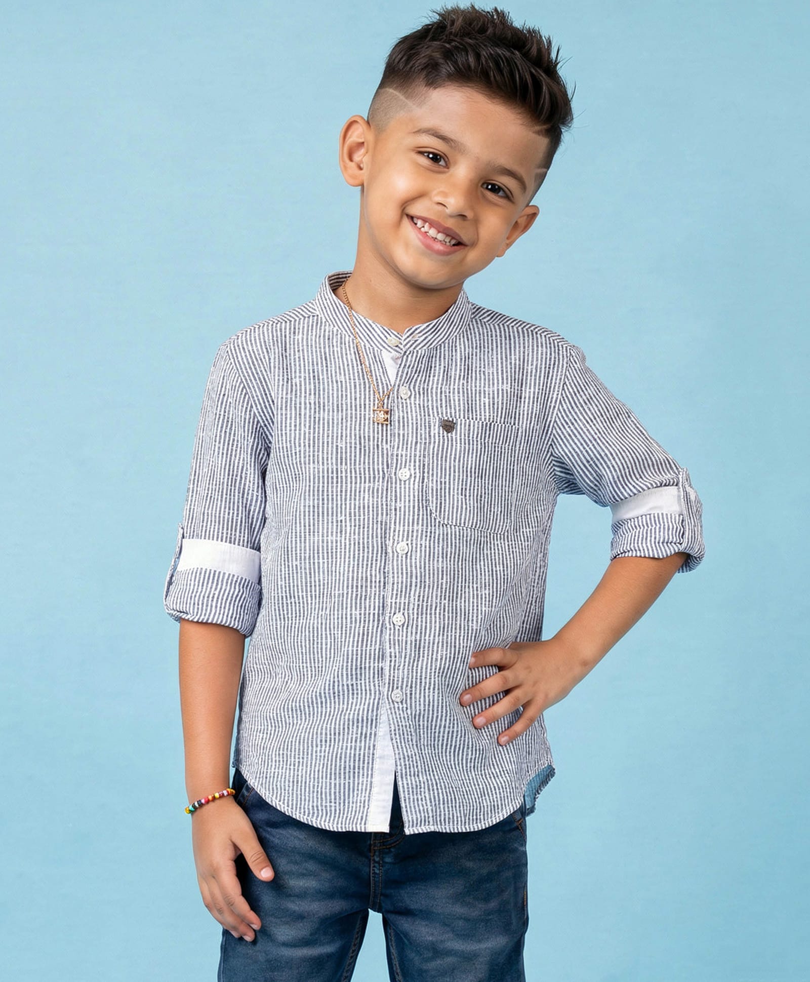 Kiddopanti Cotton Woven Full Sleeves Striped Shirt - White & Blue-image-20