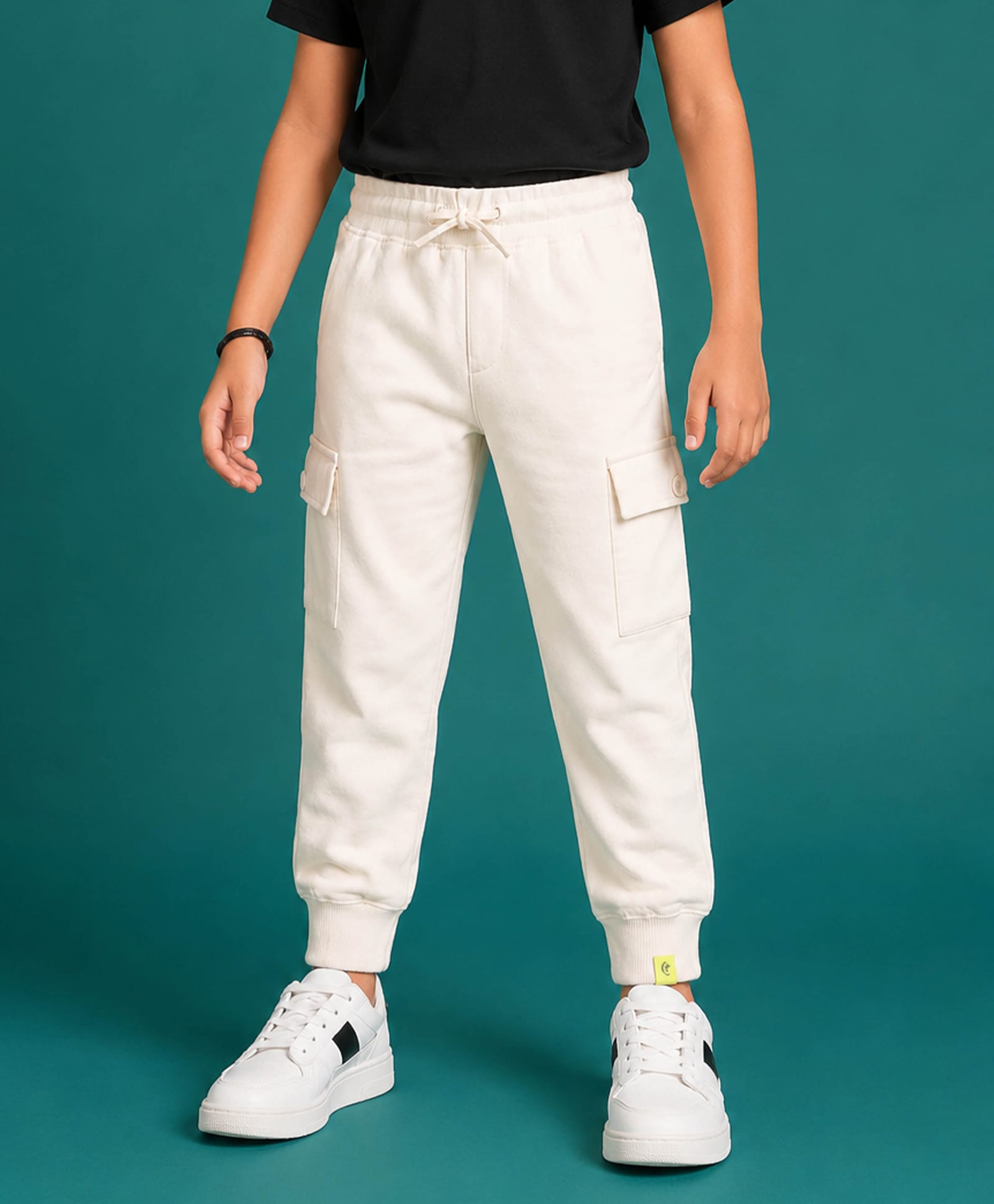 Kiddopanti Fleece Knit Solid Cargo Style Joggers - Off White-image-49