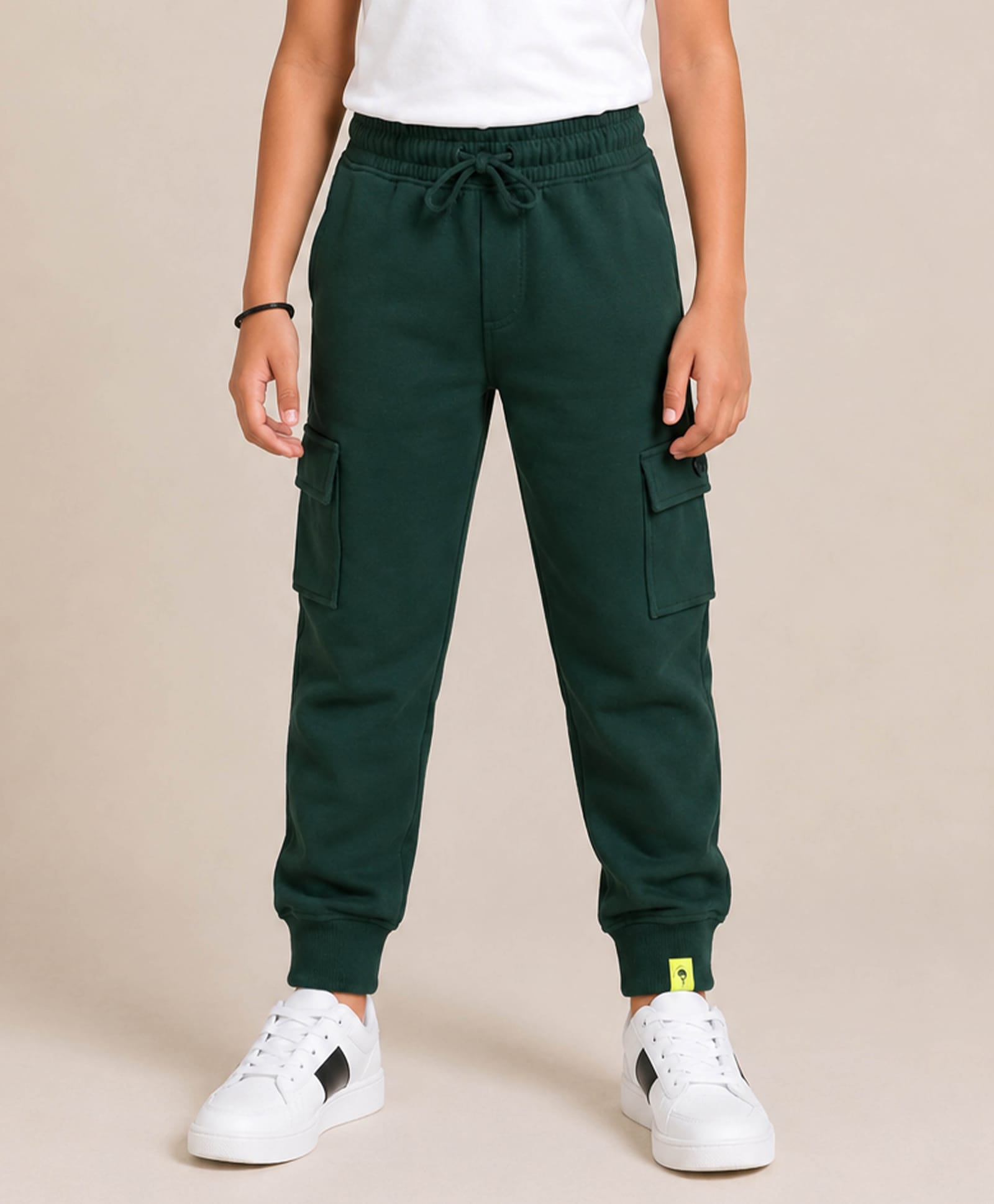 Kiddopanti Fleece Knit Solid Cargo Style Joggers - Green-image-0