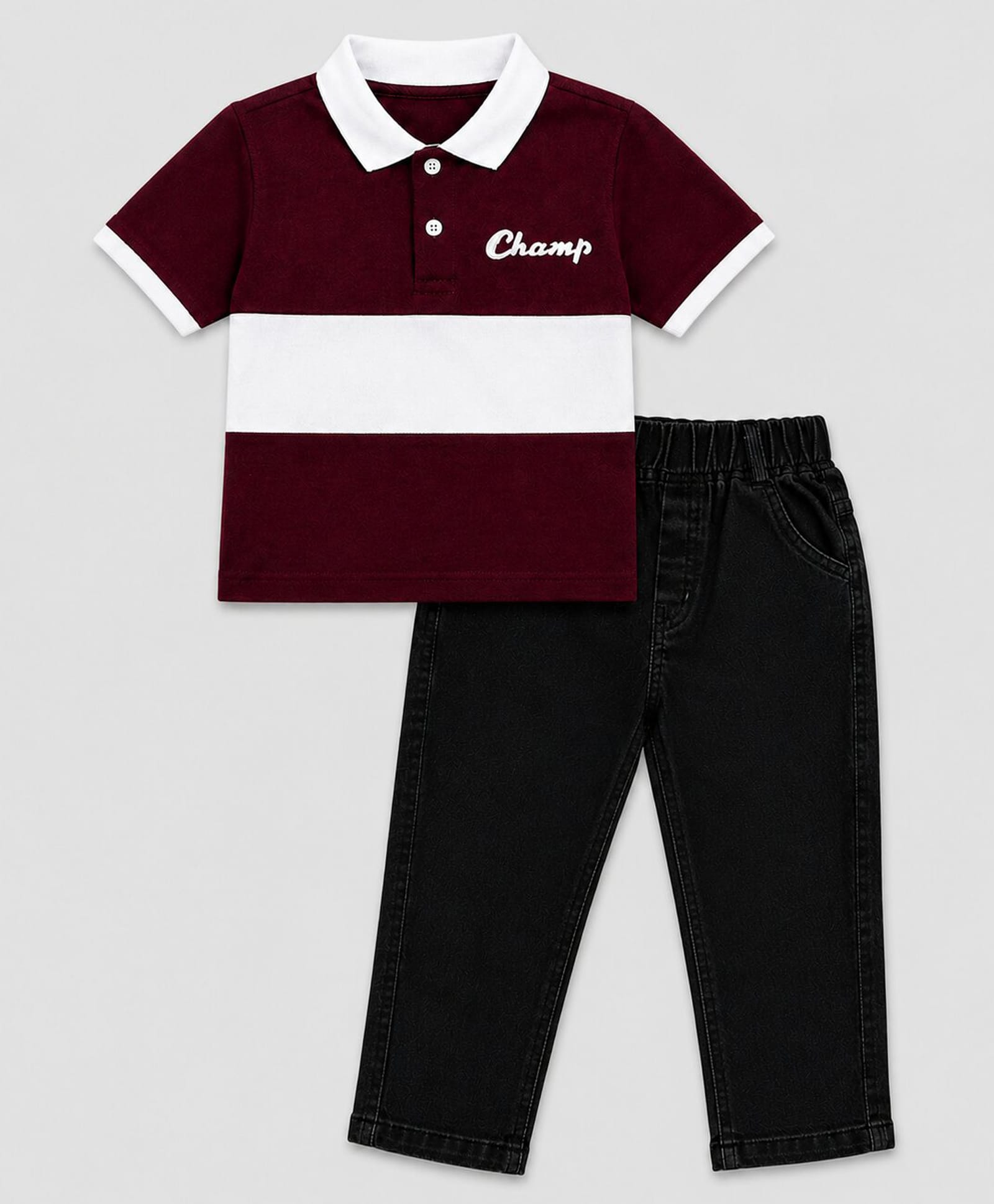 HRIT Cotton Knit Half Sleeves Colour Blocked Polo Tee & Jeans Set - Maroon & Black-image-46