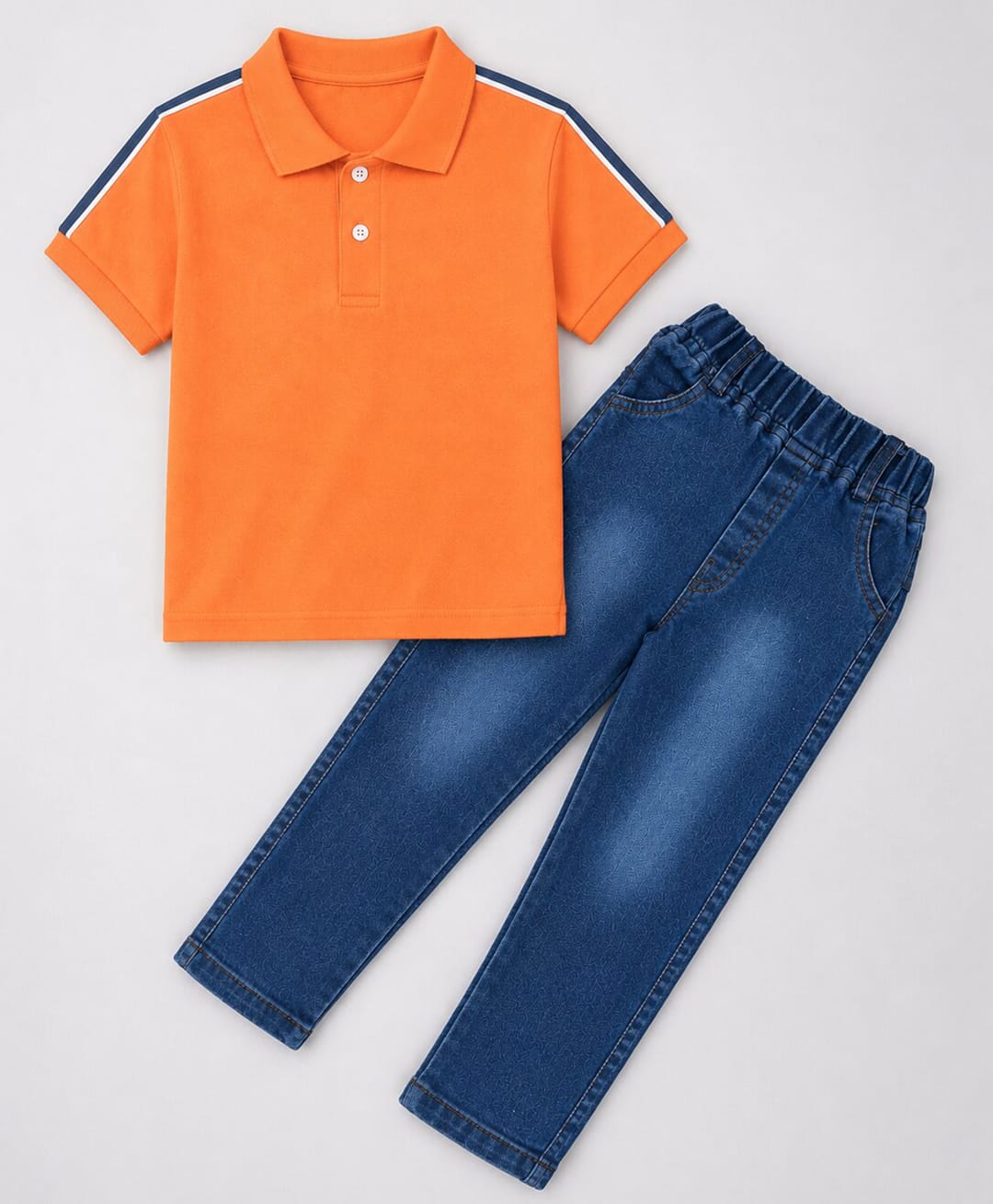 HRIT Cotton Knit Half Sleeves Side Striped Polo Tee & Washed Jeans Set - Orange & Blue-picture-18
