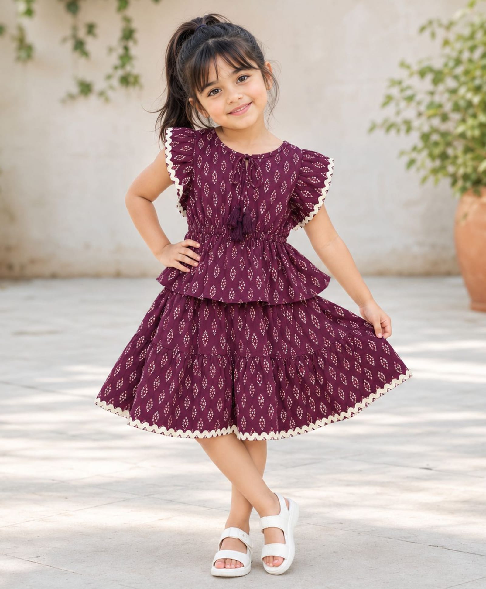 The Magic Wand Cotton Woven Cap Sleeves Ric Rac Lace Embellished & Buti Printed Peplum Top & Skirt Set - Wine-image-36