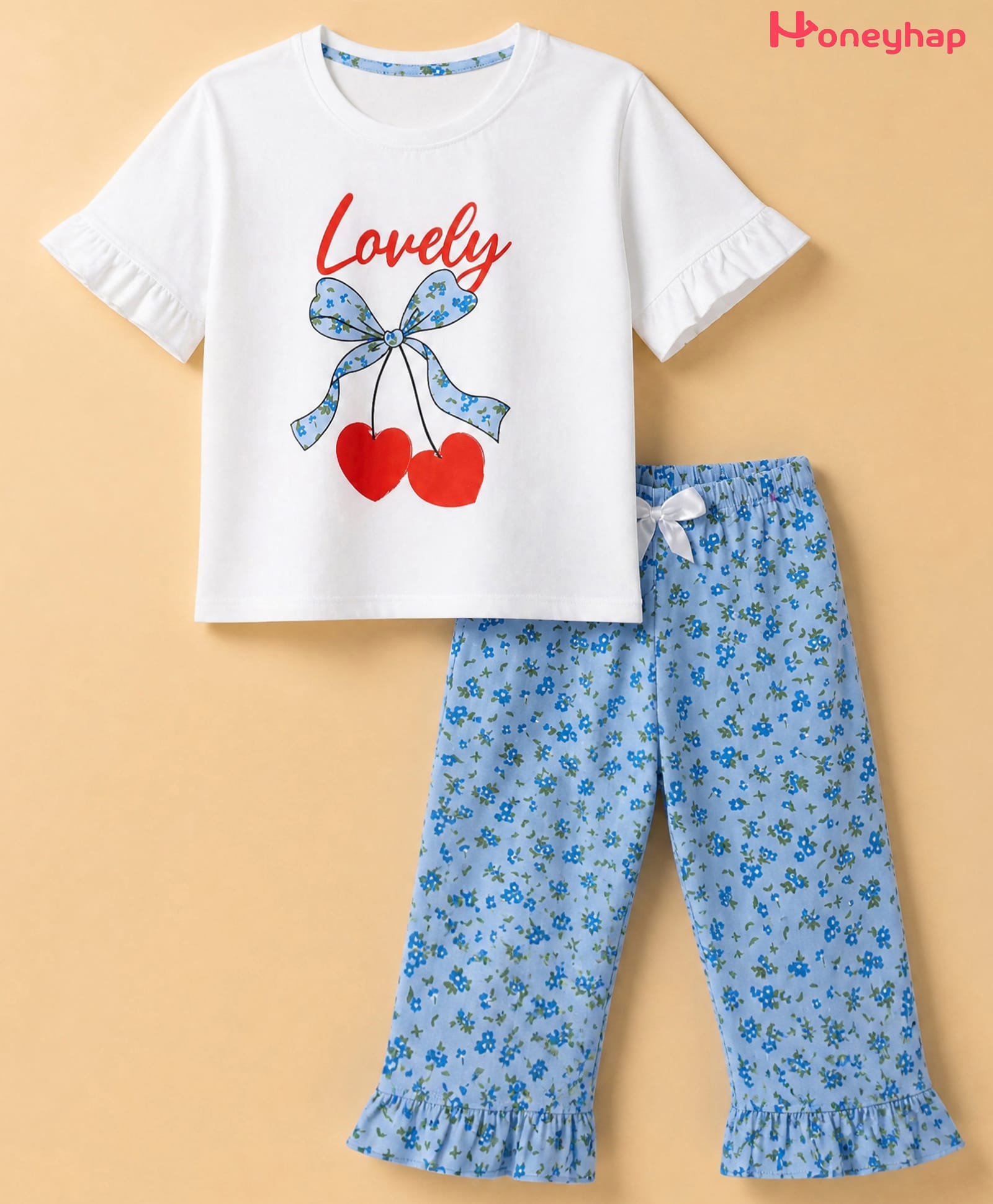 Honeyhap Premium 100% Cotton Knit Bio Finish T-Shirt & Pyjama Night Suit with Floral Print in Dutch Canal & Bright White-picture-32