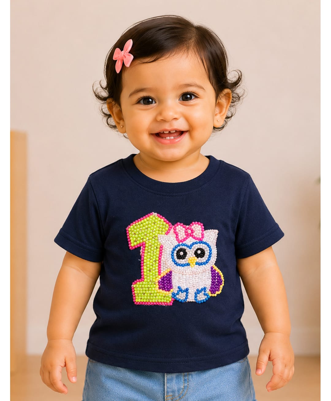 PinkChick Cotton Woven Half Sleeves 1 Numericals Beads Embellished Patch Detailed Tee - Navy Blue-picture-24