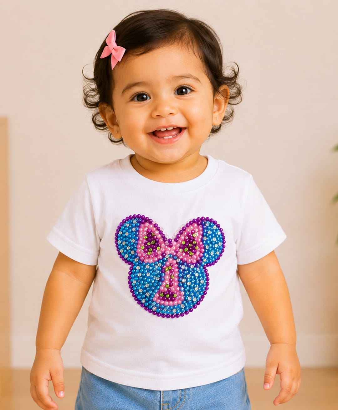 PinkChick Cotton Woven Half Sleeves Beads Embellished Bow Patch Detailed Tee - White-picture-22