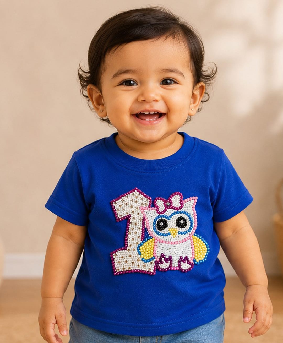PinkChick Cotton Woven Half Sleeves 1 Numericals Beads Embellished Patch Detailed Tee - Blue-picture-26